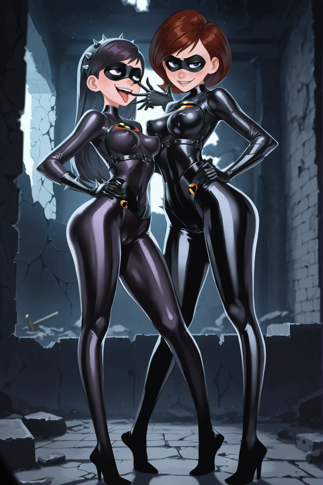 Helen Parr, Elastigirl and Violet Parr. Black eyemask. Sarcastic smile. Glossy. Black costume. Leather bodysuit. Spiked accessories. Metal armor. Leather harness. Latex gloves. Perky breasts. Slender body. Large waist. Detailed thighs. Crotch tattoo. Cameltoe. Clawed gloves. Hand on hip. Licking fingers. Asymmetrical leg pose. Dark room. Ruins. Cracked wall. Concrete wall. Rebar.
