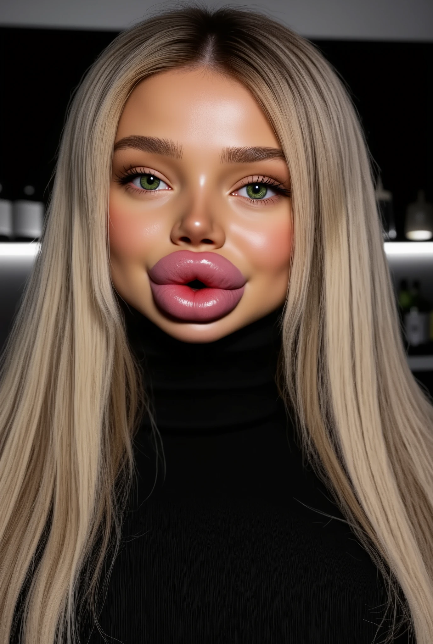 Ultra-realistic front view portrait of a super cute young woman in her 20s with platinum blonde hair with black roots. She has a puffy face and long eyelashes. Her facial features are huge fake round bimbo lips, glossy and overfilled, and she has round cheeks. She Looks innocent. She is wearing a tight black ribbed wool turtleneck sweaster. She has bright green eyes. The lighting is soft and even, and the background is minimal, emphasizing her face and outfit. The style is high-end influencer aesthetic, ultra-detailed, photorealistic, cinematic 8k. 
