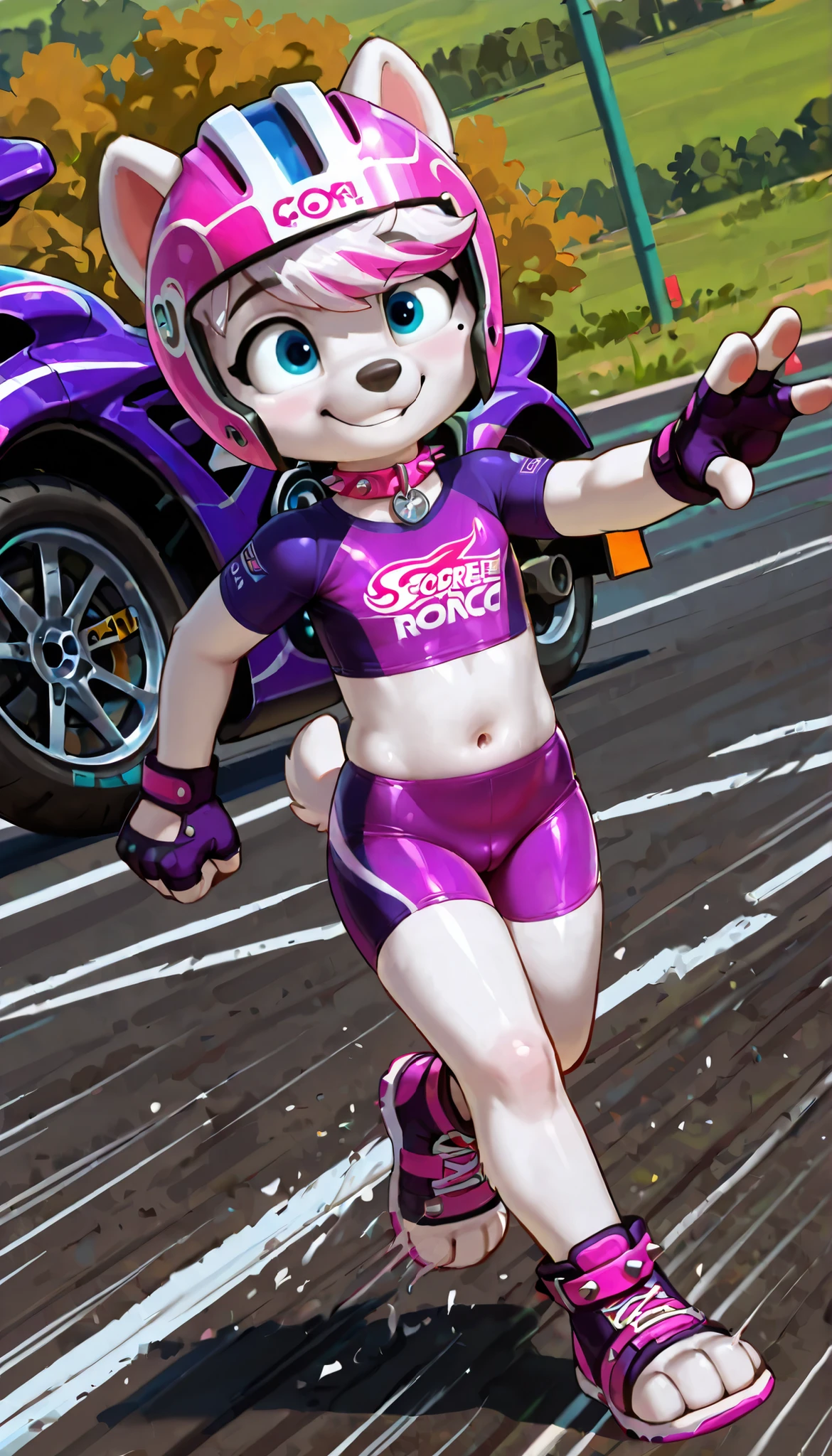 score_9, score_8_up, score_8, source_cartoon, source_furry, 1girl, solo, alone, 1 character, Roxi(PP), (solo), 1girl, anthro, lolicon, dog girl, samoyed, white fur, pink and white hair, bangs, short tail, blue eyes, mole on left cheek, cute face, 4 fingers, ((purple racing helmet, pink spiked collar, purple bike shirt, short sleeves, midriff, purple bike shorts, toeless footwear, fingerless gloves)), full body, feets with three toes, road on background, confident face, short body, short stature, glistering body, shiny body, (Small, Short:1.1), (young cub:1.2), looking at you, sketch style, 2D animation, running act, speed lines, speed force powers, electricity on legs, super speed power, dynamic angle,