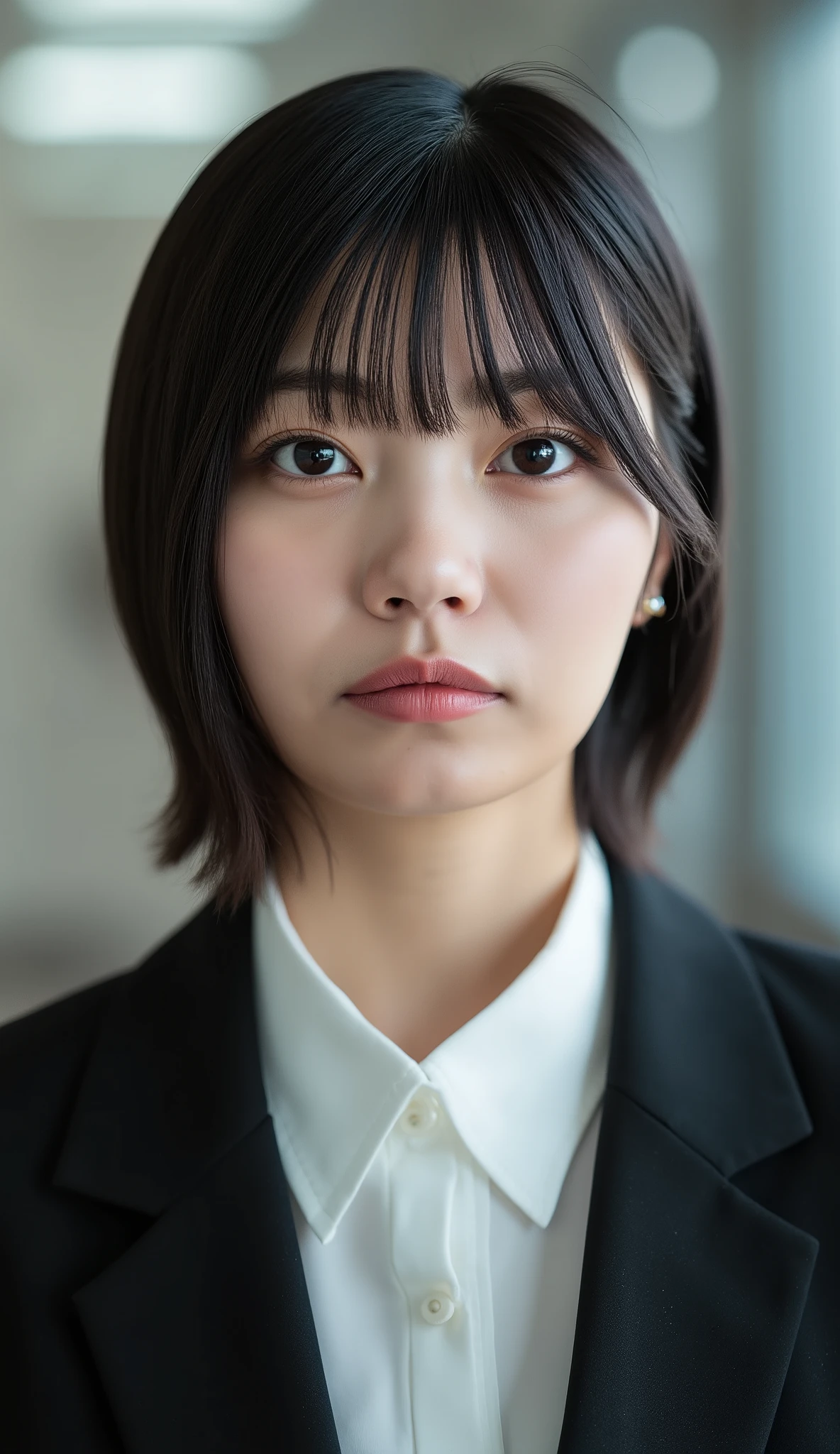 Neat Young Woman、looking at the camera、office lady suit、jacket、shirt、Ear piercings、前髪あり、hairstyle short bob、薄い茶髪、No expression、has closed its mouth、、face close-up、The background is office