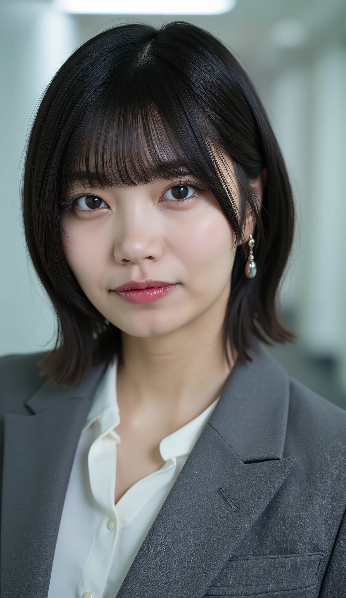 Neat Young Woman、looking at the camera、office lady suit、jacket、shirt、Ear piercings、前髪あり、hairstyle short bob、薄い茶髪、No expression、has closed its mouth、、face close-up、The background is office
