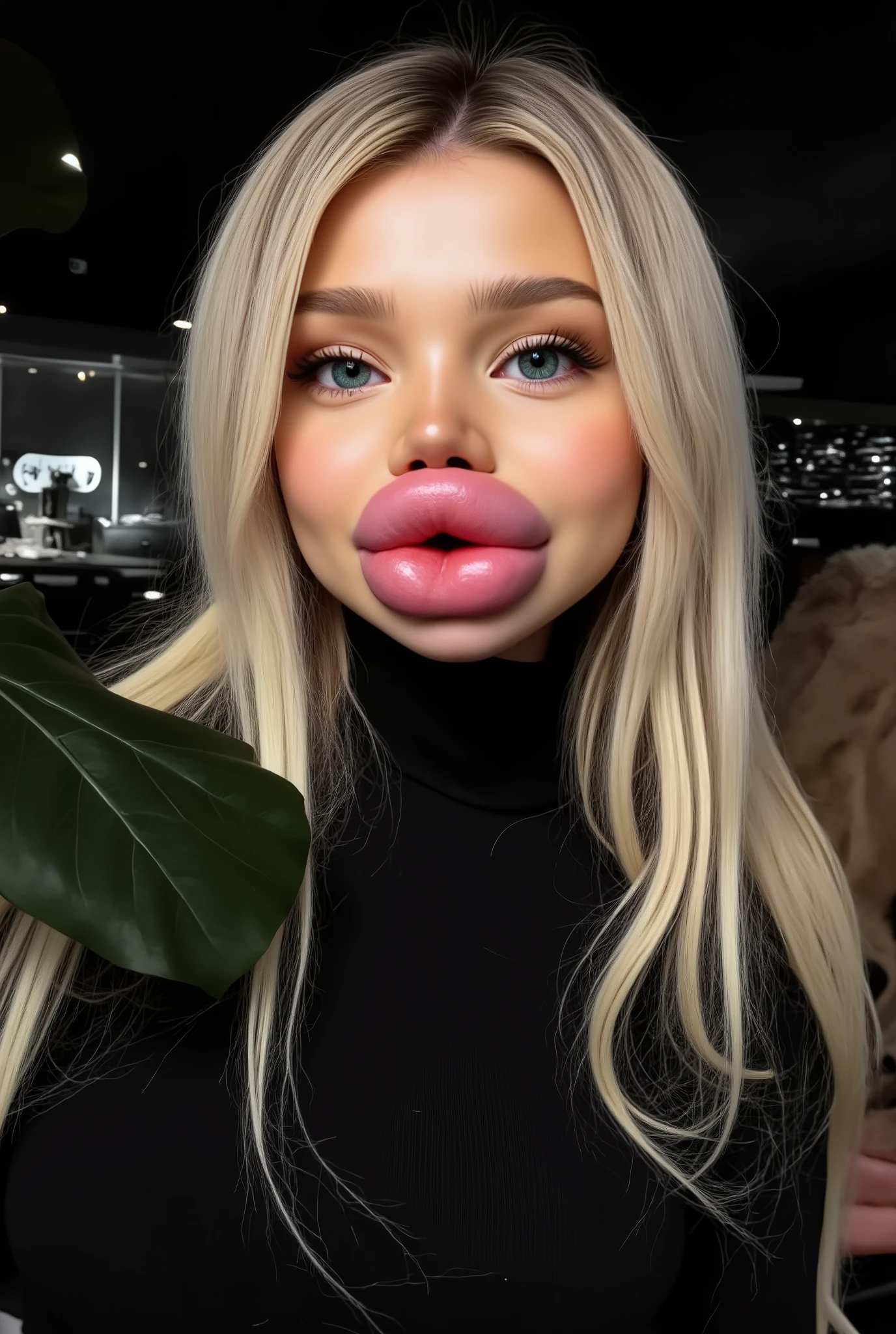 Ultra-realistic front view portrait of a super cute young woman in her 20s with platinum blonde hair with black roots. She has a puffy face and long eyelashes. Her facial features are huge fake round bimbo lips, glossy and overfilled, and she has round cheeks. She Looks innocent. She is wearing a tight black ribbed wool turtleneck sweaster. She has bright green eyes. The lighting is soft and even, and the background is minimal, emphasizing her face and outfit. The style is high-end influencer aesthetic, ultra-detailed, photorealistic, cinematic 8k. 
