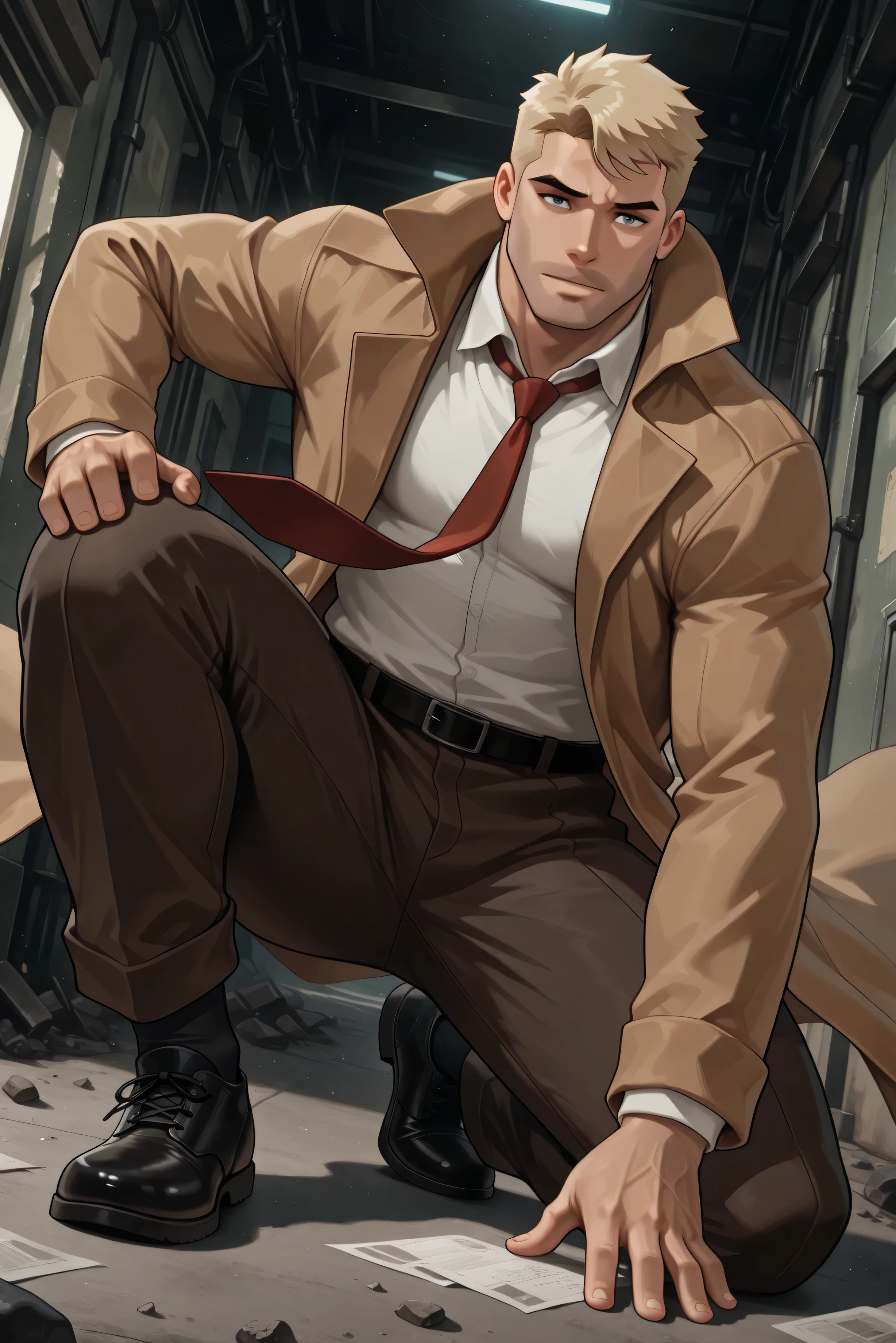 johnc, 1boy, blonde hair, dark eyebrows,tan trench coat, white collared shirt, red necktie, belt, dark brown pants, black socks, black shoes,stubble,BREAK

,masterpiece, best quality, absurdres, newest, very awa ,ultra detailed,intricate details, 4k, illustration, very aesthetic, dynamic pose , dynamic angle,complex lighting , handsome,1boy,solo,perfect proportions,Beautiful eyes, detailed eyes, detailed face,detailed body