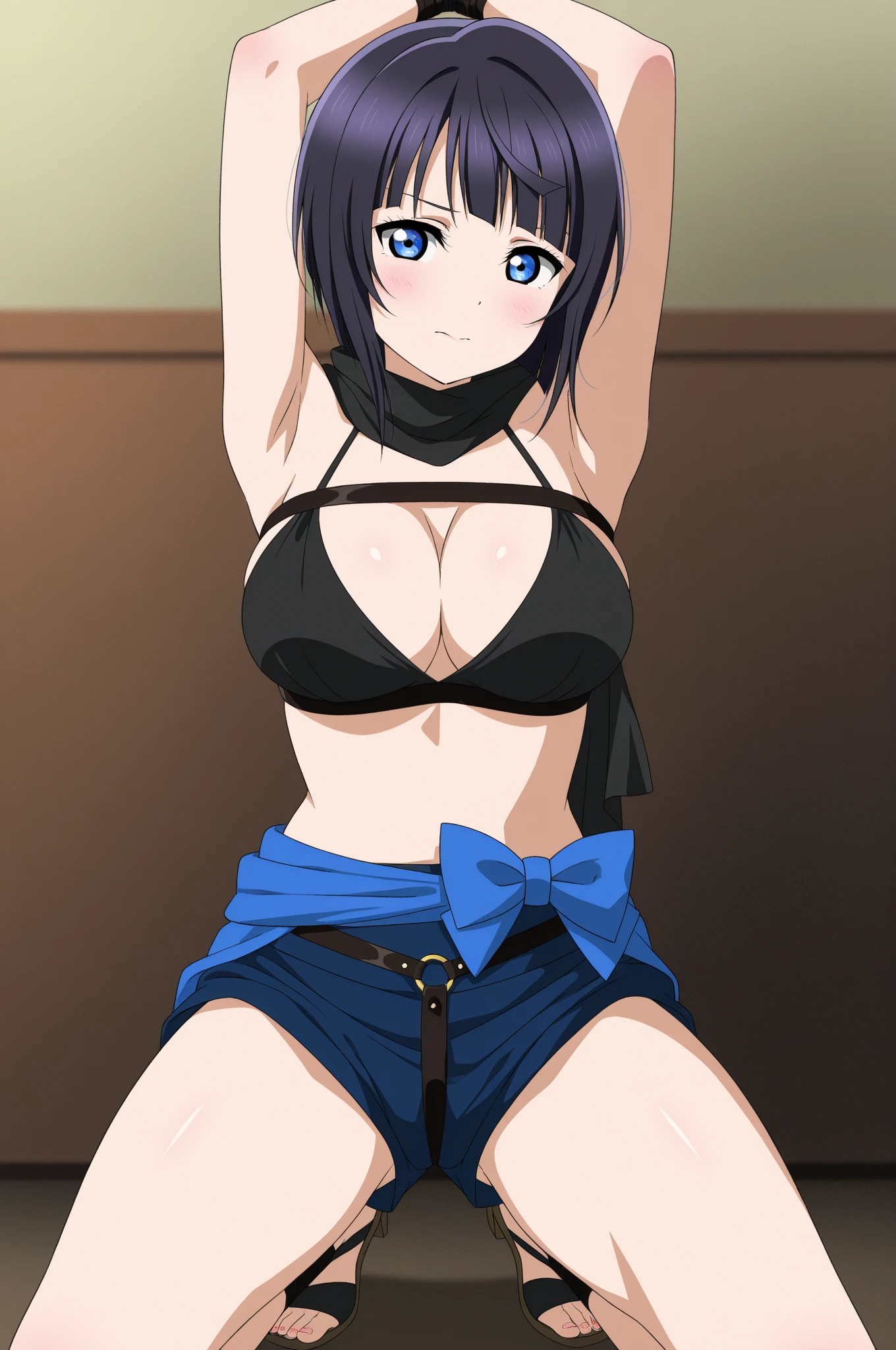 tennis girl's massive ??????? out of ??????? vest out ???? and wet pants ??????????????????, gloved hands hidden behind head, blindfold

