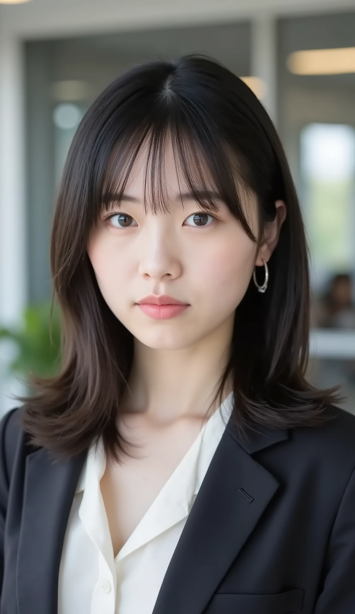 Neat Young Woman、and look at the camera、office lady suit、jacket、shirt、necklace、、ear piercing、前髪あり、歯を見せた笑顔、、顔のクローズアップ、The background is office
