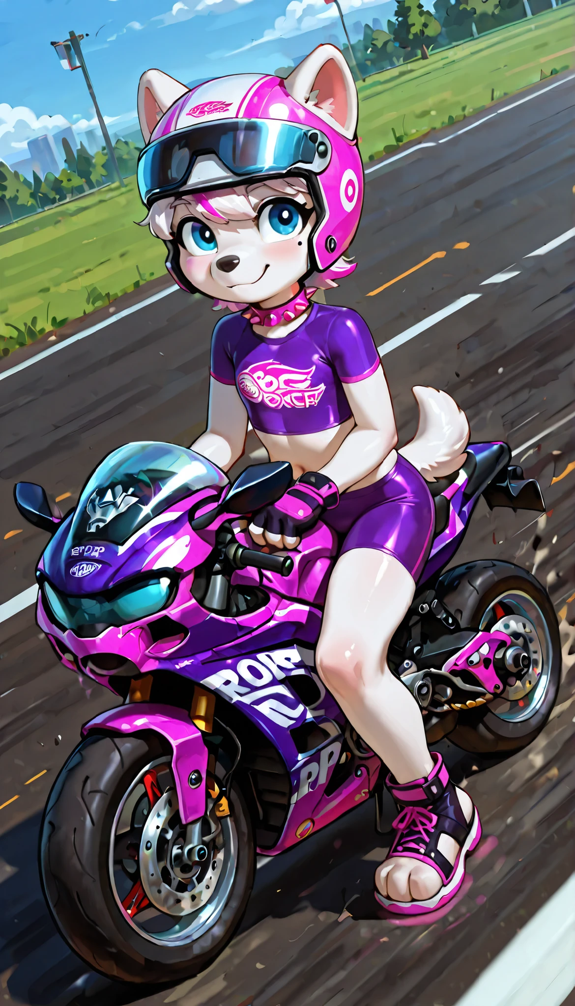 score_9, score_8_up, score_8, source_cartoon, source_furry, 1girl, solo, alone, 1 character, Roxi(PP), (solo), 1girl, anthro, lolicon, dog girl, samoyed, white fur, pink and white hair, bangs, short tail, blue eyes, mole on left cheek, cute face, 4 fingers, ((purple racing helmet, pink spiked collar, purple bike shirt, short sleeves, midriff, purple bike shorts, toeless footwear, fingerless gloves)), full body, feets with three toes, road on background, confident face, short body, short stature, glistering body, shiny body, (Small, Short:1.1), (young cub:1.2), looking at you, sketch style, 2D animation, running act, speed lines, speed force powers, electricity on bike, super speed power, dynamic angle, sit on bike, futuristic bike,