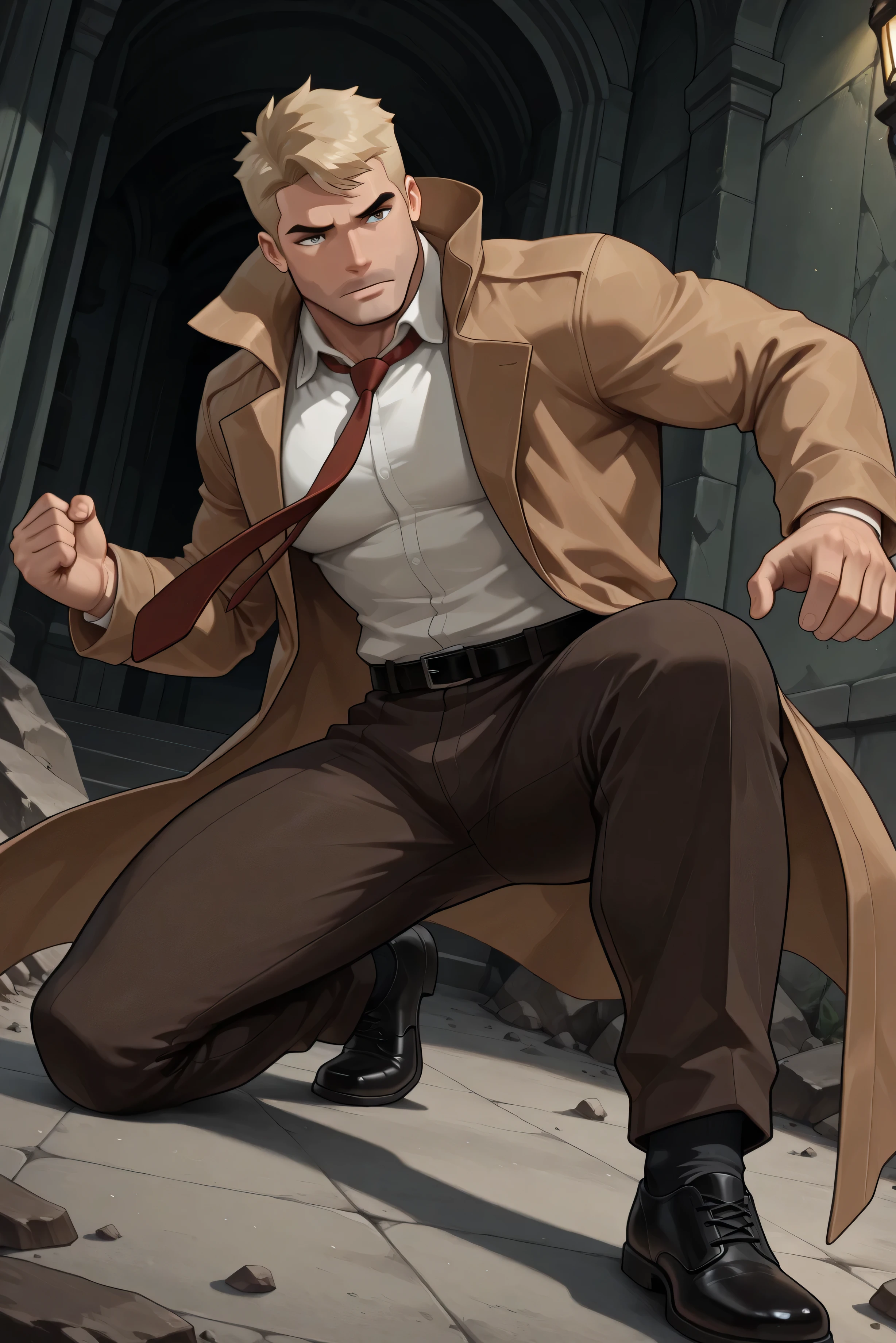 johnc, 1boy, blonde hair, dark eyebrows,tan trench coat, white collared shirt, red necktie, belt, dark brown pants, black socks, black shoes,stubble,BREAK
,masterpiece, best quality, absurdres, newest, very awa ,ultra detailed,intricate details, 4k, illustration, very aesthetic, dynamic pose , dynamic angle,complex lighting , handsome,1boy,solo,perfect proportions,Beautiful eyes, detailed eyes, detailed face,detailed body