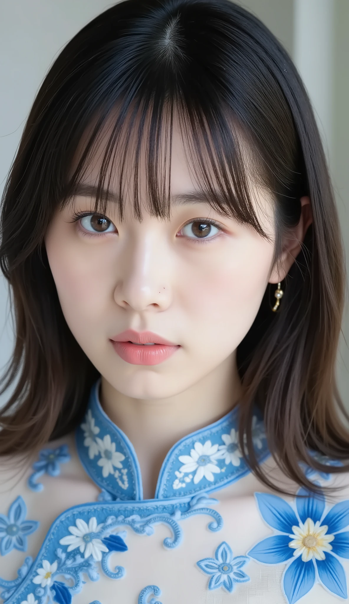 8k、Ultra Precise Rendering、Pictureの品質、 Top quality  ， Picture， detail eyes、 intricate details ，RAW Picture、natural makeup、Sparkling eyes、cute face、Smile Yan、very white skin、thin waist、blue daffodil， with elaborate and detailed embroidery all over , to reach the climax、Angle to knee、 medium full shot from an oblique front、blue daffodil、 Vietnamese National Clothes ，カメラ目線、無表情、口を閉じている