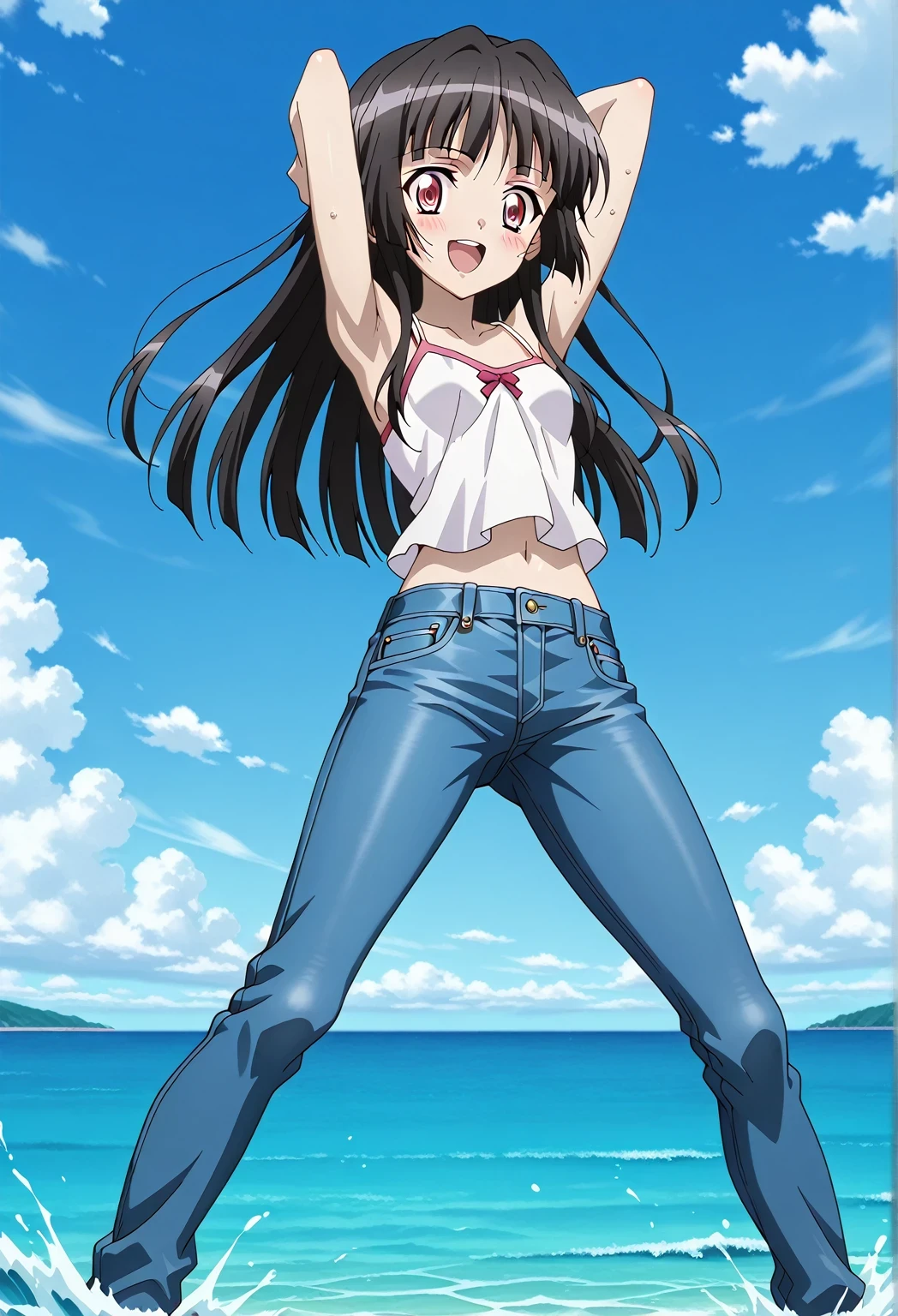 score_9, score_8_up, score_7_up, source_anime, highres, hi res, ((best quality, top quality, perfect quality, Highest Quality, amazing quality)), {{masterpiece}}, {{an extremely delicate and beautiful}}, 2d, intricate details, official style, anime, 8k, anime style, official_anime, official art, digital painting, cell shading, soft shading, high resolution, soothing tones, Subdued Color, Soft cinematic light, adobe lightroom, photolab, HDR, intricately and hyper-detailed, ((high quality animation)), 1 girl, Alone, solo, ((ocean)), tsunami, on the water, day, sunny, outdoors, sky, windy, Shirabe Tsukuyomi, Senki Zesshou Symphogear, Crimson eyes, black hair, long hair, anime screencap, small breasts, white camisole top, crop top, white crop top, best quality, hyper-detailed jeans, ((blue jeans:1.9)), (dark blue jeans:0.6), full medium body, medium shot, Open mouth, smiling, happy face, blush, sweat, standing, ((arms behind head:6.0)), ((perfect arm line:2.5)), bowlegged, jumping pose, action, looking at viewer, spread legs, Bend knees slightly, straight-on front view