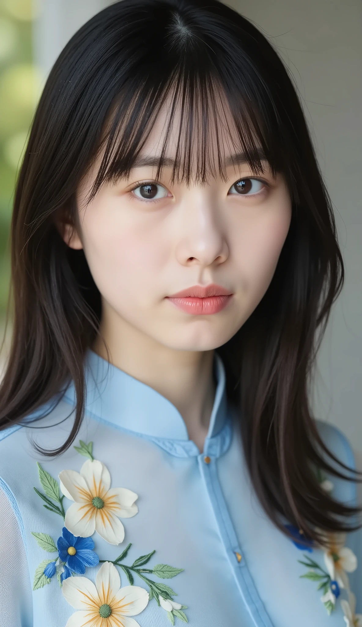 8k、Ultra Precise Rendering、Pictureの品質、 Top quality  ， Picture， detail eyes、 intricate details ，RAW Picture、natural makeup、Sparkling eyes、cute face、Smile Yan、very white skin、thin waist、blue daffodil， with elaborate and detailed embroidery all over , to reach the climax、Angle to knee、 medium full shot from an oblique front、blue daffodil、 Vietnamese National Clothes ，カメラ目線、無表情、口を閉じている