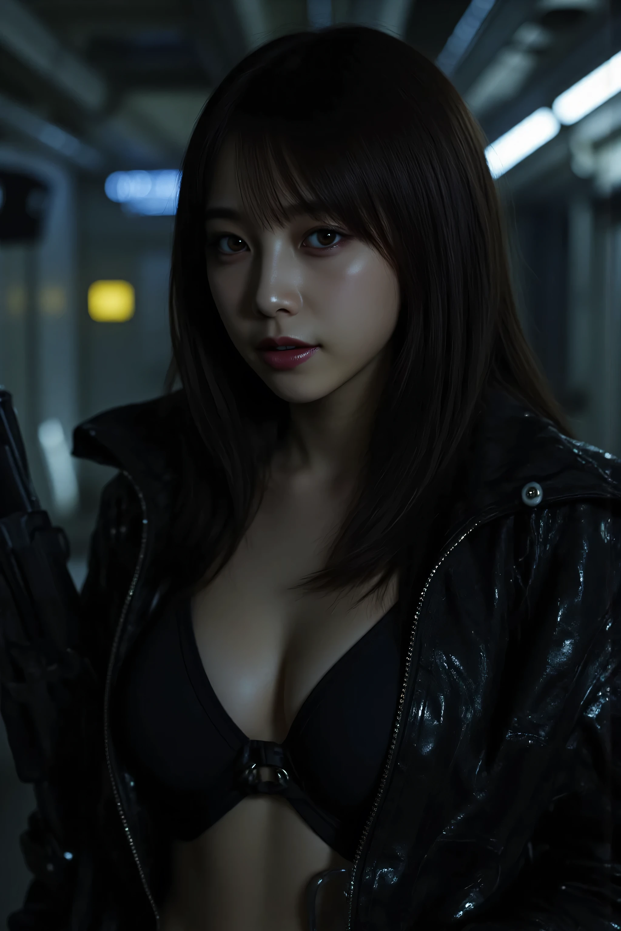 (((The pitch-dark interior of the Nostromo ship:2.0))),(((HR Gigger Style Cyberpunk Atmosphere:2.0))),one woman,(cute face:1.5),(Beautiful well-balanced face :1.7),((wavy black hair:2.0)),(beautiful eyes:1.3),Glamorous Shot of a 20-Year-Old Japanese Woman,Beautiful Slender Body,((model body type:2.0)),((slim body:1.7)),perfect body line,Ideal Proportions,((big breasts:2.0)),((F cup chest:1.5)),big boobs,Bare thighs,sensual thighs,delicate body,(muscular:1.7),Harmonious Postures,((Realistic breast depiction :1.7)),((Carefully Depict Limbs Based on Perfect Anatomy:2.0)),((Super Hi-Leg Leotard with Black Special Forces Style Harness:2.0)),((super high leg leotard with wide open chest:2.0)),((((Black Military Jacket with Open Front:2.0))),((tactical holster:2.0)),(((Thick latex rod at the crotch:2.0))),(Gloves:1.3),Concept Art,(Highest Quality:1.5),(masterpiece:1.5),(超高Resolution),Resolution,UHD,(Delicate Depiction),carefully drawn,32k,((Realistic Skin Texture:1.5)),(((Ultra Realistic:1.5))),carefully drawn eyelashes,very detailed face,highly detailed female hands,sexy appearance,very sensual,(Blurry, dim background:1.5),professional photography,(Movie Lights:2.0),((Blade Runner Style Lighting:2.0))