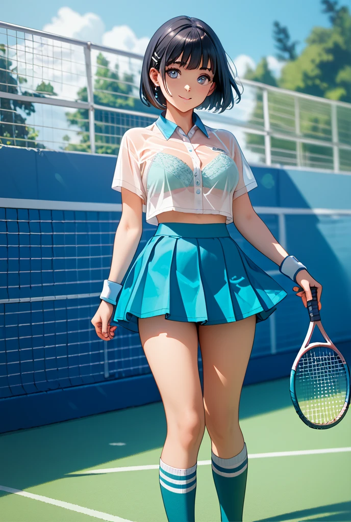 (software:1.5), (Tennis Wear、insufficient)、short hair、Droopy eyes, Thick thighs, ｛In a miniskirt、I can see her panties｝, , , ?????????, detalled, Spread your legs, Show your side, Down the Out、、(Dynamic pose)、Sloppy body、Dynamic Angle、Turn around