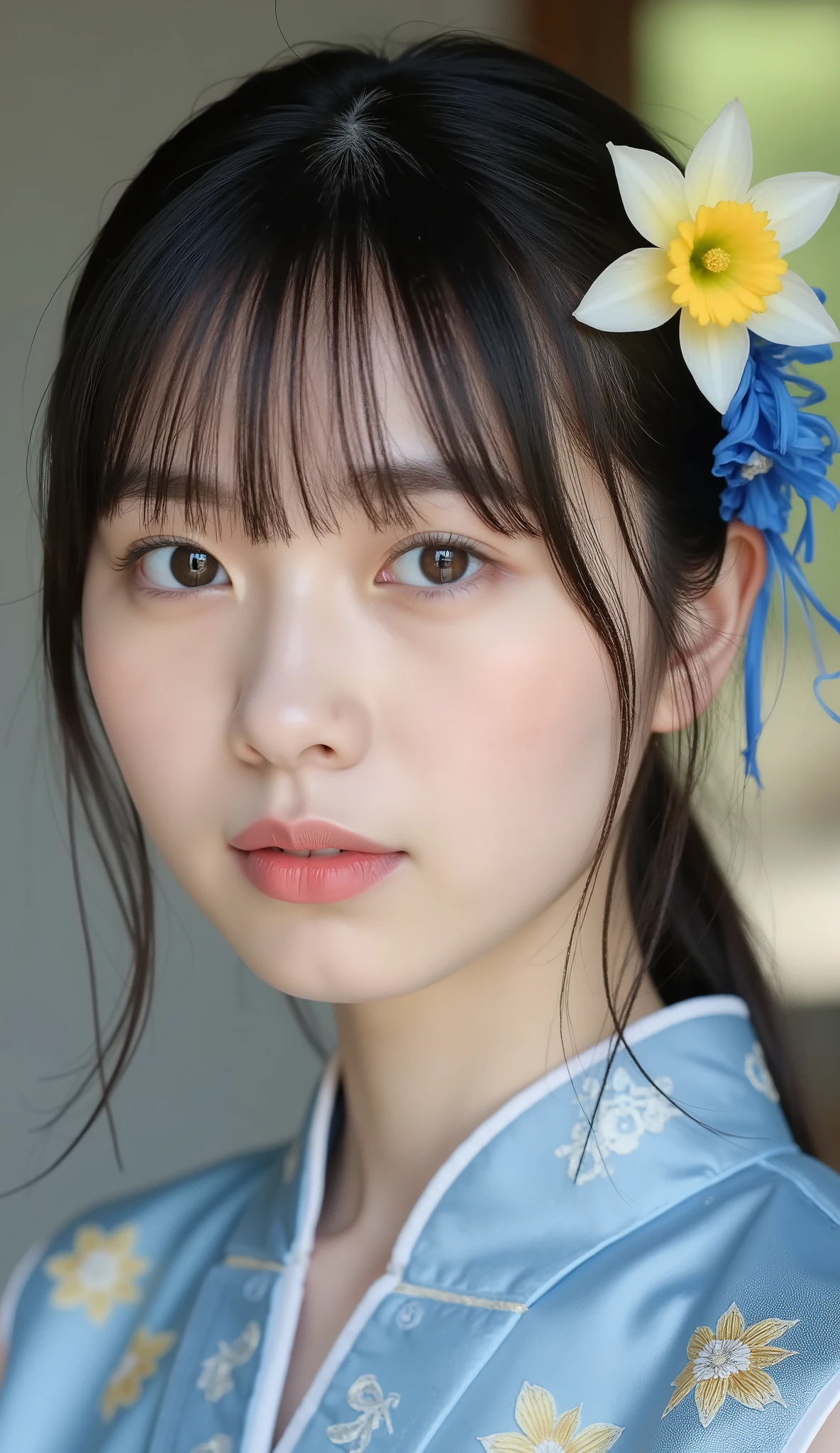 8k、Ultra Precise Rendering、Pictureの品質、 Top quality , Picture, detail eyes、 intricate details ,RAW Picture、natural makeup、Sparkling eyes、cute face、Smile Yan、very white skin、thin waist、blue daffodil, with elaborate and detailed embroidery all over , to reach the climax、Angle to knee、 medium full shot from an oblique front、blue daffodil、 Vietnamese National Clothes ,薄い茶髪、カメラ目線、無表情、口を閉じている