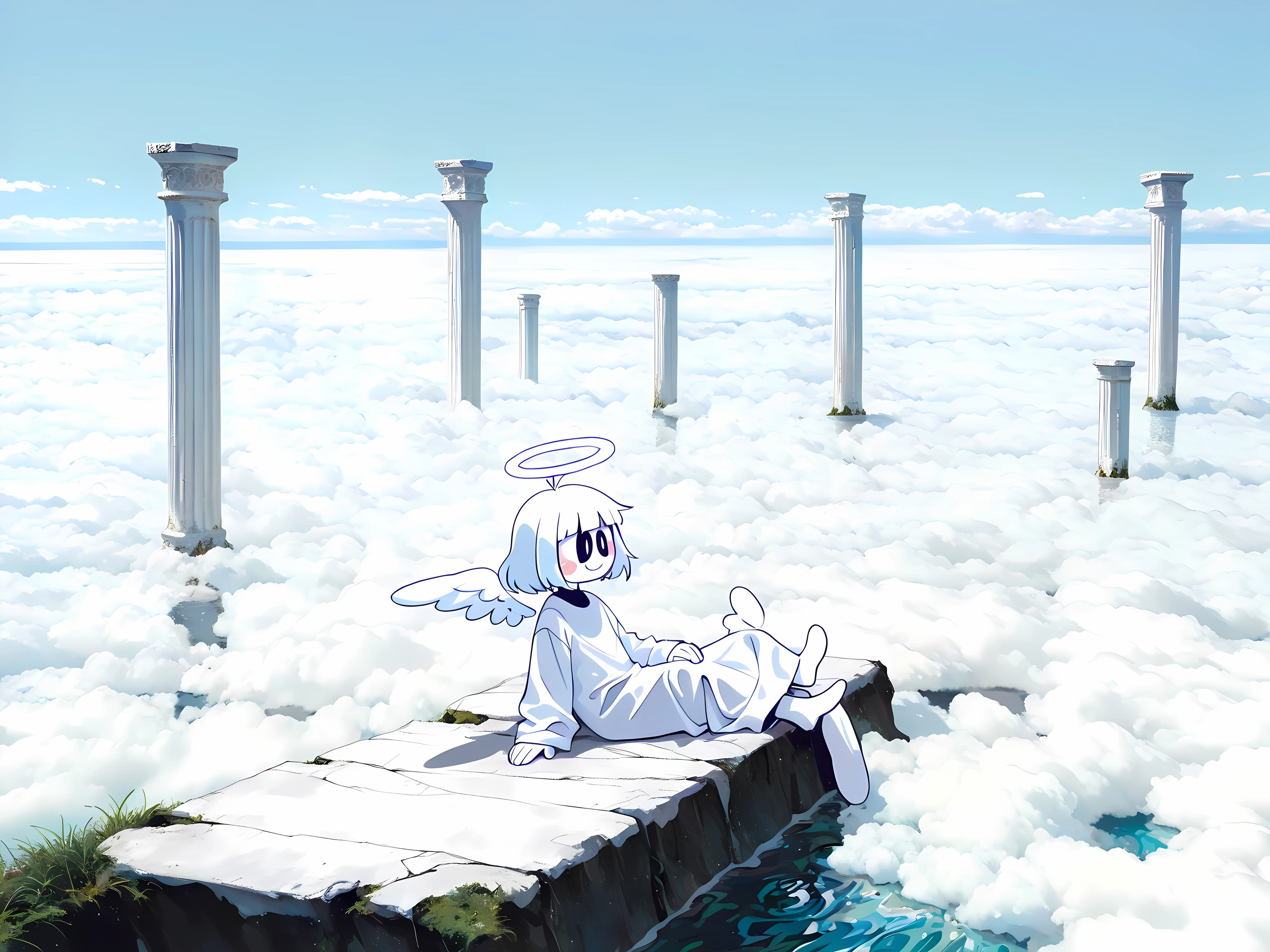 [theme] lazypos, sfw, | 
[character] 1boy, solo, 
detailed hair, short hair, white hair, white sclera, black eyes, two pupils,
No nose, smile, blush stickers, 
detailed skin, white colored skin, ((white skin)), angel, huge angel wings, halo, 
fantasy, oversized white robe, long sleeves, | 
[action] laying, looking at side, very wide shot,
[environment] outdoors, heaven, clouds, sky, water, scenery, pillars, columns, | 
[style] 15546+456868, 0__11Xx_illu, sk1dsp00ky, surreal theme, white theme, painterly, digital distortion, dream-like atmosphere, otherworldly scene, highres, perspective, vivid contrast, aesthetic, stylized, masterpiece, best quality, amazing quality, very aesthetic, absurdres, newest, 
