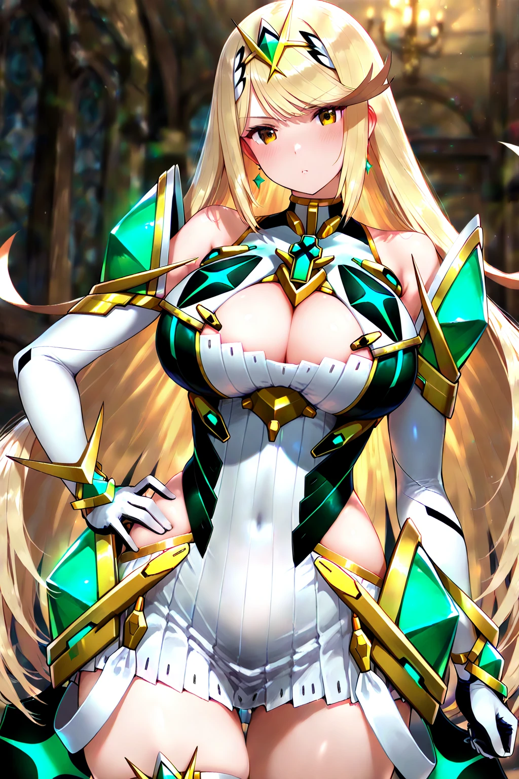 Mythra the Xenoblade, blonde, neckleace,  big, big hair,   girl, best qualityer
