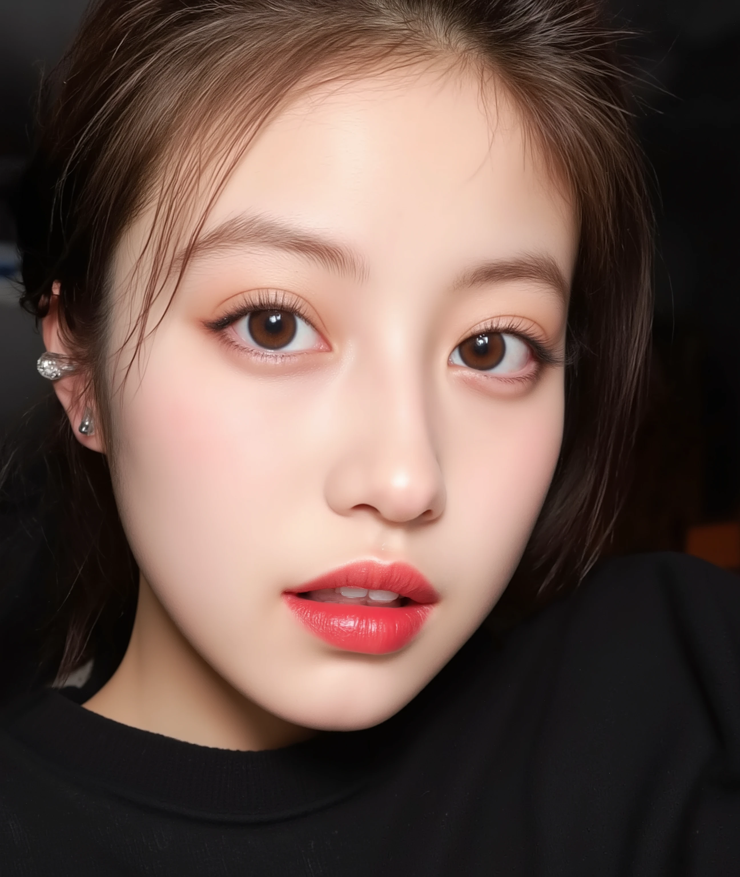 The image is a close-up photograph of a young Asian woman with a fair complexion. Her face dominates the frame, occupying the majority of the image, with her eyes, nose, and lips prominently visible. She has large, almond-shaped eyes with long, thick eyelashes, and her skin is smooth and soft. Her lips are full and slightly parted, revealing a natural, rosy hue. She wears a small silver stud earring in her left ear, adding a subtle touch of personal style.
Her hair is long, dark brown with subtle highlights, and it partially covers her forehead, giving a slightly tousled, casual look. The background is out of focus, but it appears to be a dark, possibly indoor setting, which emphasizes her face and provides a stark contrast to her light complexion. She is wearing a black garment, possibly a top or a sleeve, which is visible at the bottom of the image. The overall mood of the photograph is intimate and personal, capturing a candid moment with a natural, unfiltered aesthetic.