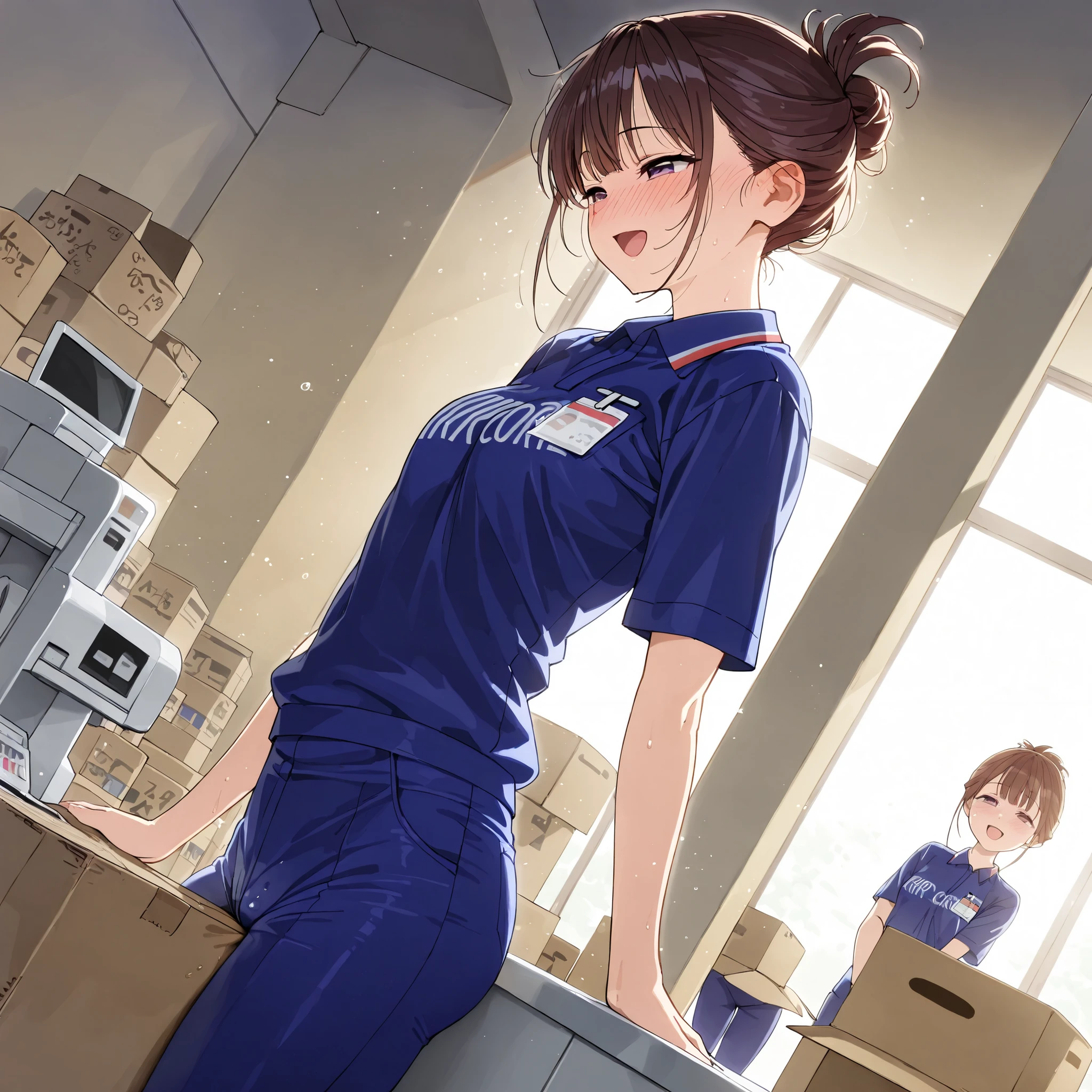 shame smile, deep-blush, half-close eyes, open mouth, small breasts, convenience store uniform, strong sunlight and backlighting, (((grinding a corner of a cardboard box to masturbate her crotch-area through her pants))), angle from side, cash register, updo hair, large window, door with glass, spread thighs, squirting,