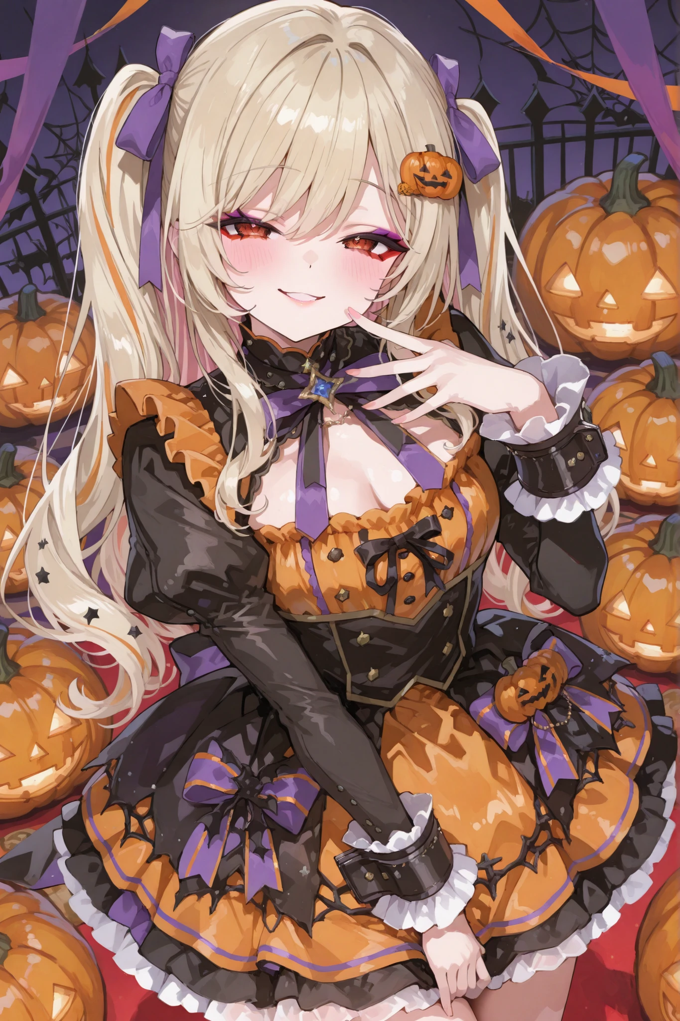 Naughty Smile,Very big ribbon on the chest,(((juliet sleeve,big cuffs,mini dress,Pumpkin-colored dress,Pumpkin Accessories))),Lolita Dress,cute idol stage pose,Halloween Party,cute and slightly scary makeup,