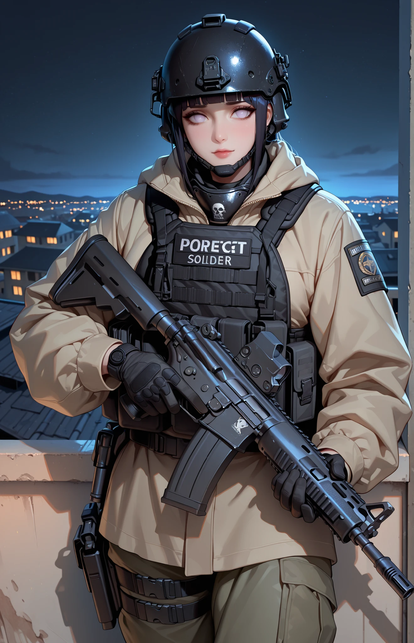 ultra-detailed, ((masterpiece)), (best quality), (highres), 16K, perfect face, perfect eyes, 1woman, solo, tall male, soldier, Hyūga_hinata, skull_mask, military uniform, tactical gear, gun, load bearing vest, helmet, detailed whole body, (soldier holding Assault Rifle with two hands), (night time, outdoor, standing on a building rooftop),