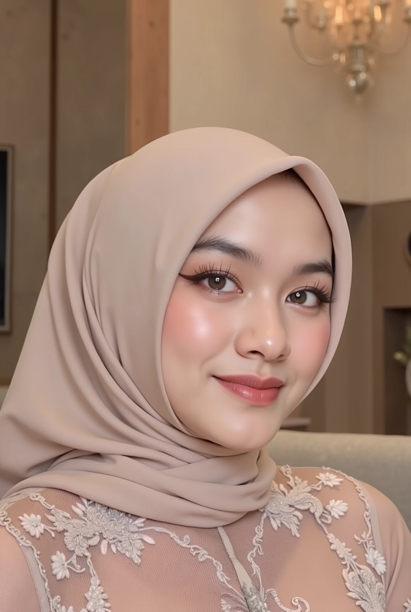 hyper HD, Masterpiece, Textured skin, 4K, Best quality of potrait a Beautiful hijab asian woman white fairy skin wearing dress , close-up half body , perfect hijab, detail veil , no hair visible, hyper realistic scarf and ornate on her side big back head hijab on likely hijab bun style , happy vibes, beauty smile open mouth showing teeth , smiling confident , huge breast , perfect hands , auto correct detail fingers.