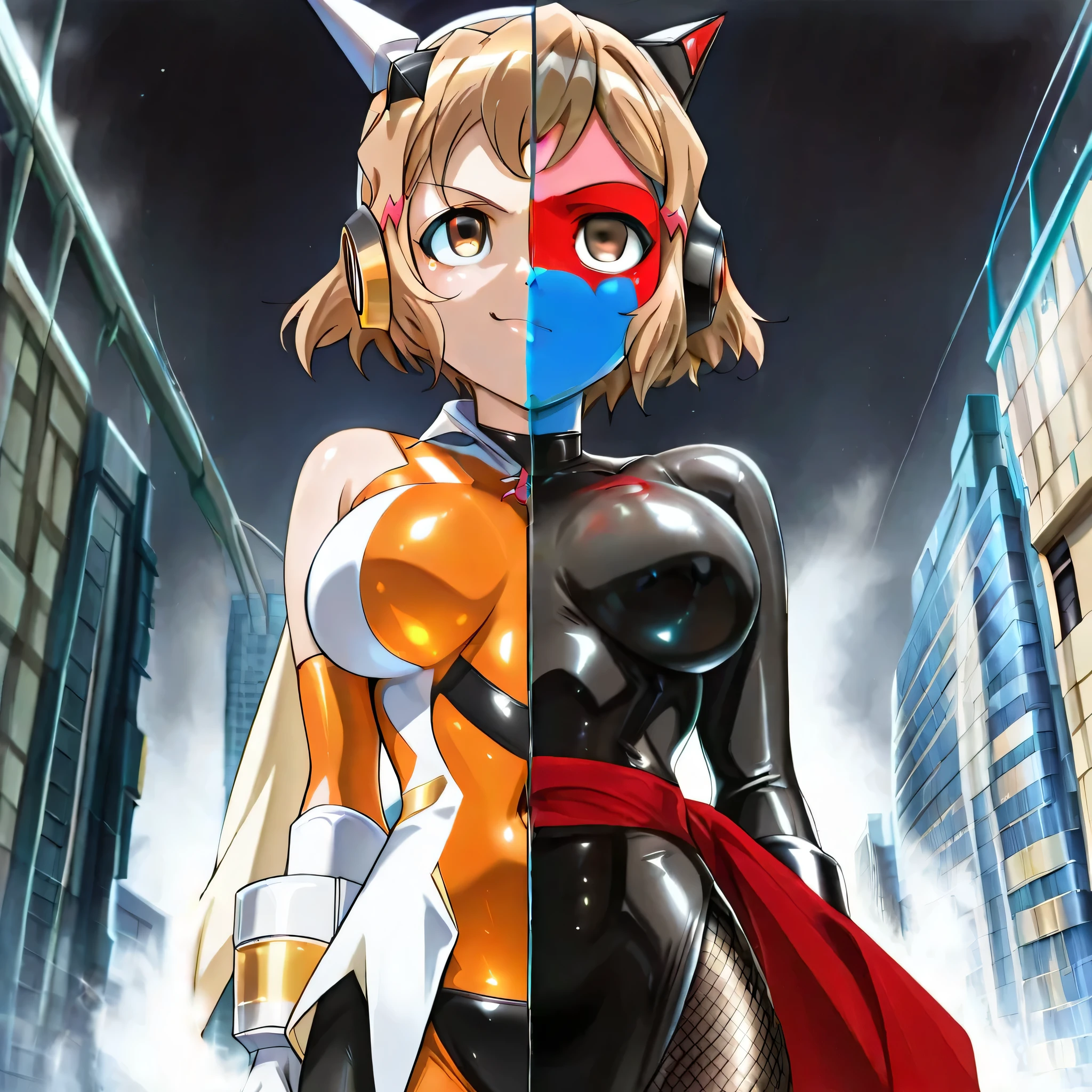 (((Masterpiece))), (((Best Quality))), ((Super Detail)), ultra-High resolution, score_9,score_8_up,score_7_up,score_6_up,score_5_up,score_4_up, BREAK, source_anime, anime screencap, uncensored, Masterpiece, (best shadow), (absurdres), (detailed background), (very aesthetic), detailed beautiful eyes, outstanding, an exquisite animation illustration, curvy, highres, (((solo, 1girl))), hair ornament, pose, submissive pose, anime style, anime coloring, animification, megami magazine, pose, dynamic angle, cinematic angle, dutch angle, medium , tachibanahibiki, short hair, hairclip, brown hair, hairclip, brown eyes, SymphoBikkie, smile, confident, proudly, determined, fluffy hair, standing, standing at attention, standing still, looking up, cowboy shot, upper body, headgear, headphones, (((spl1tscr33n, spl1tf4c3, spl1tfr4m3,,splitscreen, splitface, splitframe, split screen, split face, split frame))), outdoor, apocalyptic background, apocalypric sky, gloves, gauntlets, leotard, boots navel cutout, symphogear pendant, elbow gloves, gloves, red symphogear necklace, orange and black_gng_shirt, orange and black gng_headgear, gold and white gng_bow, white gng_collar, shoulders, white gng_jacket, sleeveless jacket, orange and black gng_bike_shorts, black plate, white and yellow gng_waistcape, white and gold gng_gauntlet with red trim, white gloves with black fingers, white and yellow gng_thighstraps, white and black gng_boots with yellow highlights, gng_scarf, yellow and white gng_back_neck_bow with black trim