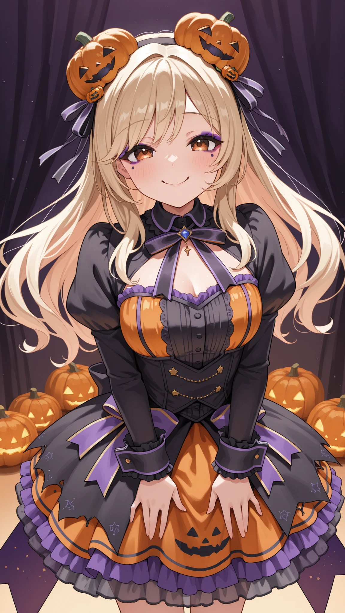 popping smile,Very big ribbon on the chest,(((juliet sleeve,big cuffs,mini dress,Pumpkin-colored dress,Pumpkin Accessories))),Lolita Dress,cute idol stage pose,Halloween Party,cute and slightly scary makeup,