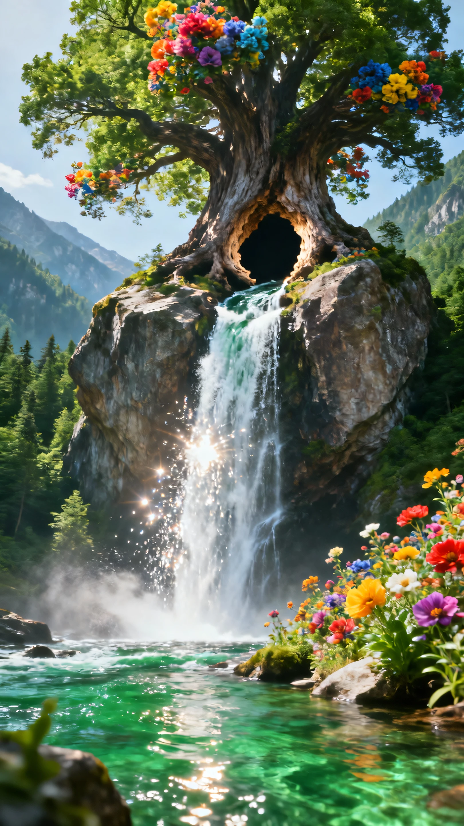 In the picture you can see a huge unknown tree, which, in addition to the green forest, also has colorful flowers on it. The tree is located on top of a huge rock and is very wide. The forces of nature caused the water to create a cavity in the tree through which the river now passes and falls into the waterfall, a huge hole in the tree through which the mountain river passes and falls from the high rock creating a fantastic waterfall. The water disperses during the fall and looks sparkling from the sun's rays. The river into which the waterfall falls has crystal-clear green water that shimmers, and next to it there are various and colorful flowers, all in all a masterpiece that only nature can create. 8K ultra-detailed, HDR, DSLR, hyperrealistic, ultra-high quality details, natural beauty,In the picture you can see a huge unknown tree, which, in addition to the green forest, also has colorful flowers on it. The tree is located on top of a huge rock and is very wide. The forces of nature caused the water to create a cavity in the tree through which the river now passes and falls into the waterfall, a huge hole in the tree through which the mountain river passes and falls from the high rock creating a fantastic waterfall. The water disperses during the fall and looks sparkling from the sun's rays. The river into which the waterfall falls has crystal-clear green water that shimmers, and next to it there are various and colorful flowers, all in all a masterpiece that only nature can create. 8K ultra-detailed, HDR, DSLR, hyperrealistic, ultra-high quality details, natural beauty,