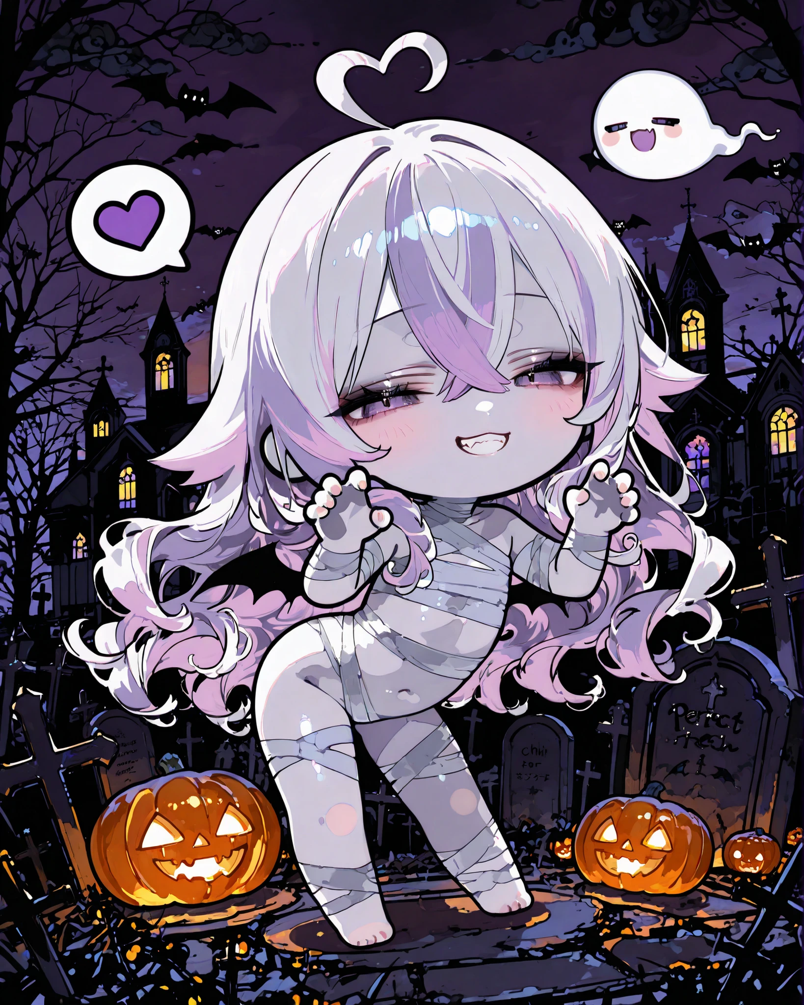 masterpiece, best quality, ultra-detailed, perfect anatomy,
748cmstyle,
anime style, cute halloween ghost girl, 1girl, full body, solo, standing in front of a gothic church, outdoors at night, graveyard scene, glowing jack-o-lanterns and flying bats around her, black and purple sky with swirling black clouds, medium wavy hair, heart ahoge, crossed bangs, red and silver two-tone hair, bandaged only body, leaning forward in a contrapposto pose, claw pose, playful grin, half-closed eyes, small fang visible, spoken heart, soft glowing atmosphere, charming halloween mood, magical cute tone, detailed background, pale skin, barefoot, (chibi:1.5),