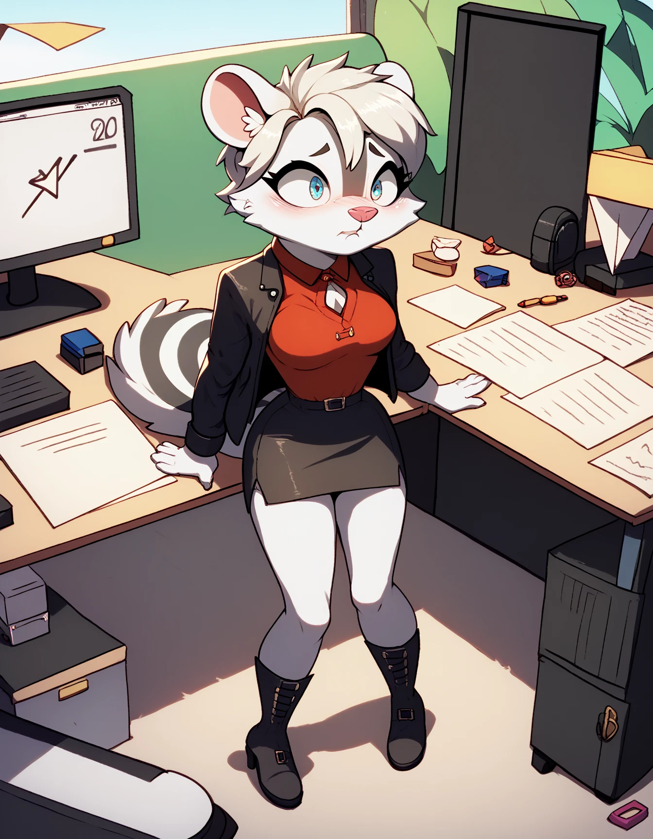 ((fenneko)), ((aggretsuko)), ((pixelsketcher)), ((siroc)), ((thefuckingdevil)), ((masterpiece)), ((high resolution)), ((cartoon style)), ((solo portrait)), {(attractive figure), (slim body), (beautiful legs), (beige fur), (black nose), (cute brown eyes), (long eyelashes), (fluffy tail), (blushing), (cute excited grin)}, {(white button-up shirt), (short blue pencil skirt), (opaque pantyhose), (blue ), ()}, {(sitting in office chair), (), (balled fist), (looking at viewer)}, ((office cubical))
