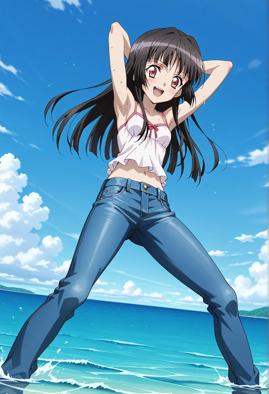 score_9, score_8_up, score_7_up, source_anime, highres, hi res, ((best quality, top quality, perfect quality, Highest Quality, amazing quality)), {{masterpiece}}, {{an extremely delicate and beautiful}}, 2d, intricate details, official style, anime, 8k, anime style, official_anime, official art, digital painting, cell shading, soft shading, high resolution, soothing tones, Subdued Color, Soft cinematic light, adobe lightroom, photolab, HDR, intricately and hyper-detailed, ((high quality animation)), 1 girl, Alone, solo, ((ocean)), tsunami, on the water, day, sunny, outdoors, sky, windy, Shirabe Tsukuyomi, Senki Zesshou Symphogear, Crimson eyes, black hair, long hair, anime screencap, small breasts, white camisole top, crop top, white crop top, best quality, hyper-detailed jeans, ((blue jeans:1.9)), (dark blue jeans:0.6), full medium body, medium shot, Open mouth, smiling, happy face, blush, sweat, standing, ((arms behind head:6.0)), ((perfect arm line:2.5)), bowlegged, sliding pose, action, looking at viewer, spread legs, Bend knees slightly, straight-on front view