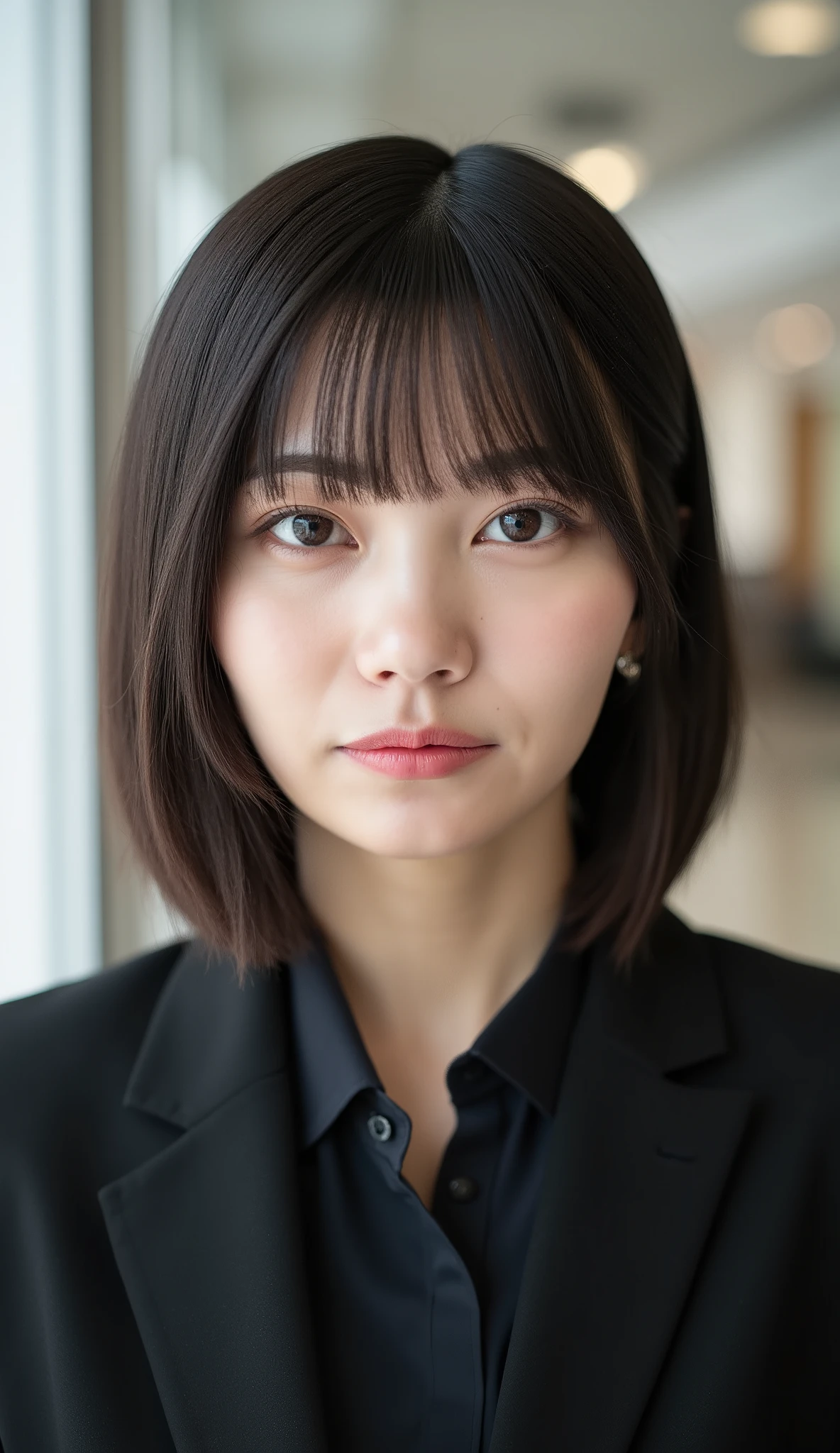 Neat Young Woman、looking at the camera、office lady suit、jacket、shirt、Ear piercings、前髪あり、hairstyle short bob、薄い茶髪、No expression、has closed its mouth、、face close-up、The background is office

