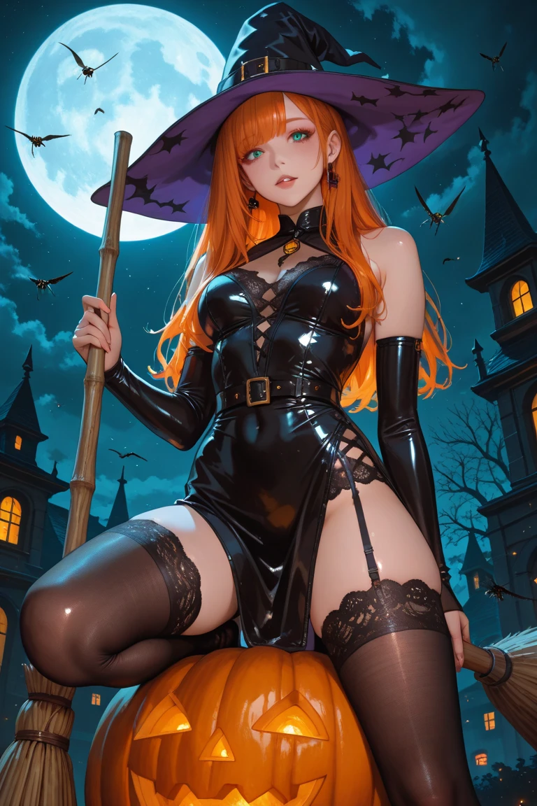 Halloween　witch　lie down　postcard　The background wall is a giant Coca-Cola neon board from end to end.　Pin-up-like picture　Full body Esbian　clean two-legged　