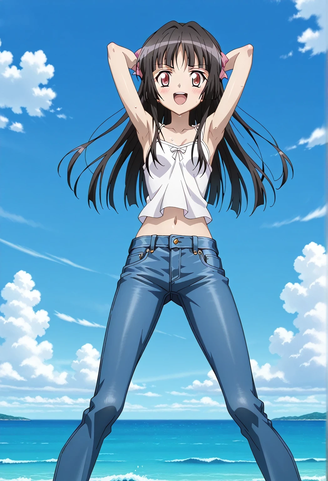 score_9, score_8_up, score_7_up, source_anime, highres, hi res, ((best quality, top quality, perfect quality, Highest Quality, amazing quality)), {{masterpiece}}, {{an extremely delicate and beautiful}}, 2d, intricate details, official style, anime, 8k, anime style, official_anime, official art, digital painting, cell shading, soft shading, high resolution, soothing tones, Subdued Color, Soft cinematic light, adobe lightroom, photolab, HDR, intricately and hyper-detailed, ((high quality animation)), 1 girl, Alone, solo, ((ocean)), tsunami, on the water, day, sunny, outdoors, sky, windy, Shirabe Tsukuyomi, Senki Zesshou Symphogear, Crimson eyes, black hair, long hair, anime screencap, small breasts, white camisole top, crop top, white crop top, best quality, hyper-detailed jeans, ((blue jeans:1.9)), (dark blue jeans:0.6), full medium body, medium shot, Open mouth, smiling, happy face, blush, sweat, standing, ((arms behind head:6.0)), ((perfect arm line:2.5)), bowlegged, sliding pose, action, looking at viewer, spread legs, Bend knees slightly, straight-on front view