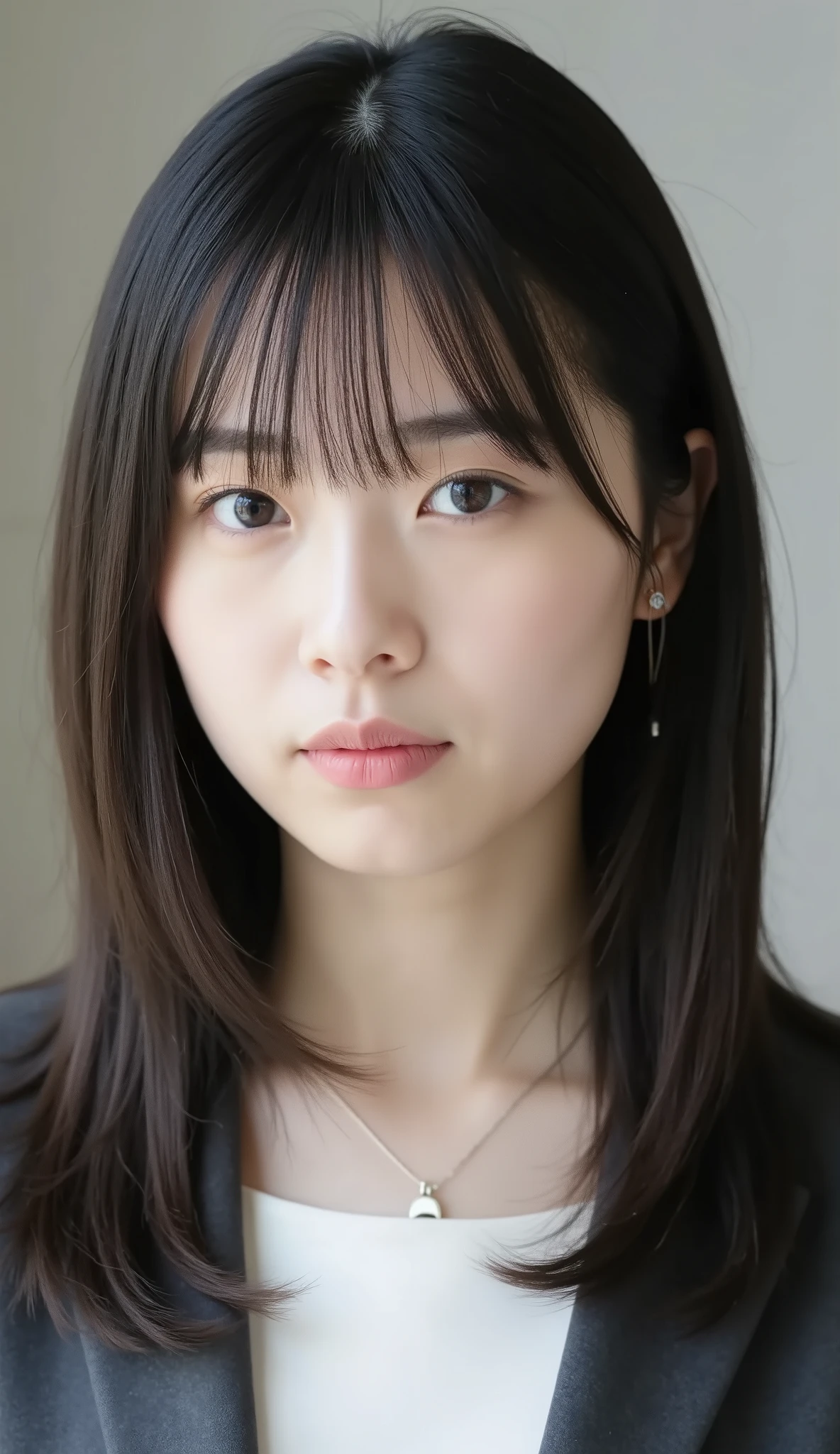 Neat Young Woman、and look at the camera、office lady suit、jacket、shirt、necklace、、ear piercing、前髪あり、No expression、has closed its mouth、顔のクローズアップ、The background is office
