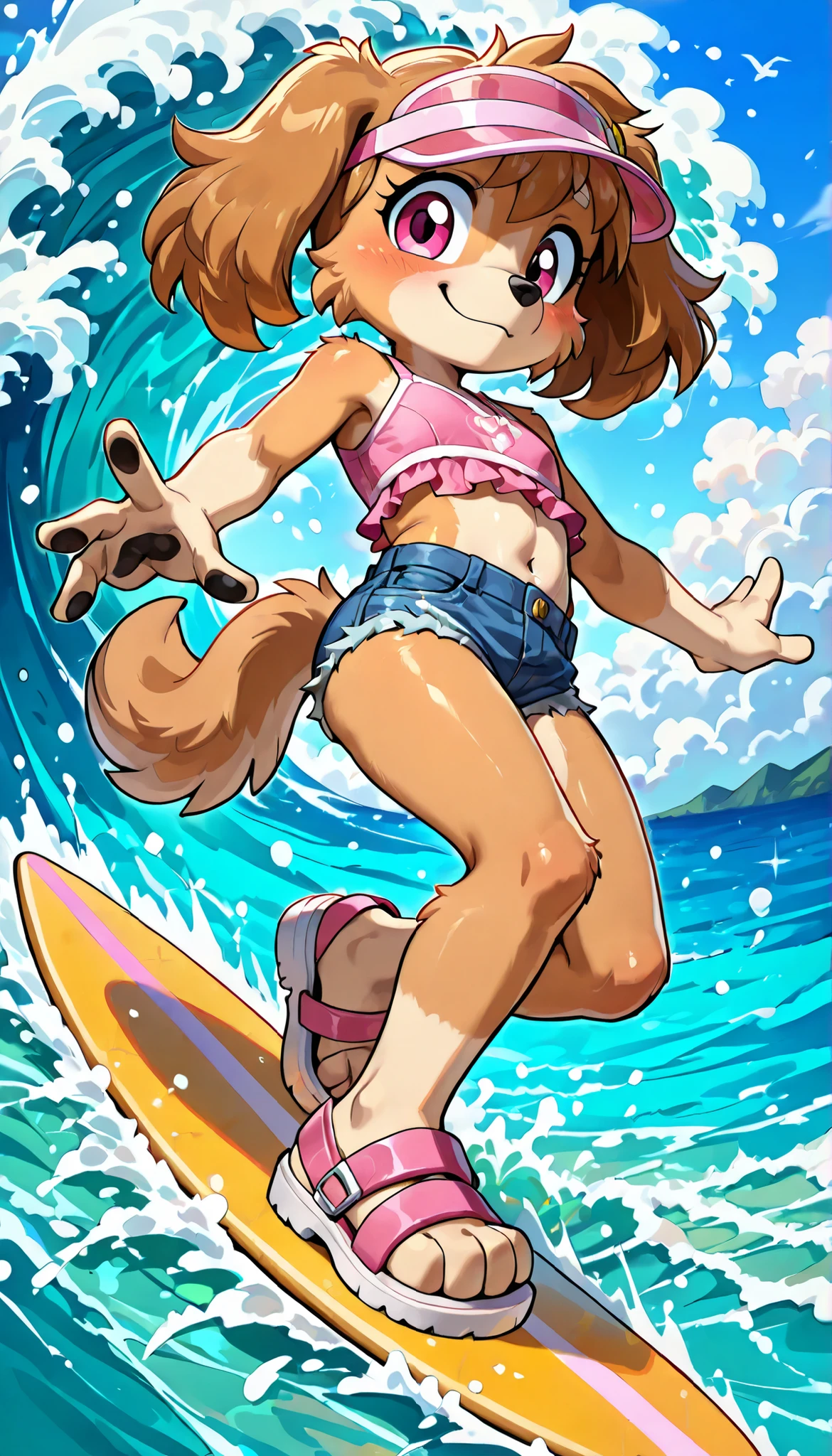 score_9, score_8_up, score_8, source_cartoon, source_furry, 1girl, solo, Skye(PP), dog, anthro, dog, furry, Cockapoo, pink eyes, golden-brown body fur, golden-brown hair, cute face, 4 fingers, ((pink visor cap, pink frilly tankini, midriff, denim shorts, sandals)), full body, feets with three toes, sea on background, confident face, short body, thin body, glistering body, shiny body, (Small, Short:1.1), (young cub:1.2), looking at viewer, surfing, anime style, thick outline, surfing, standing on a surfboard, outside, The beautiful blue sea, waves, sky