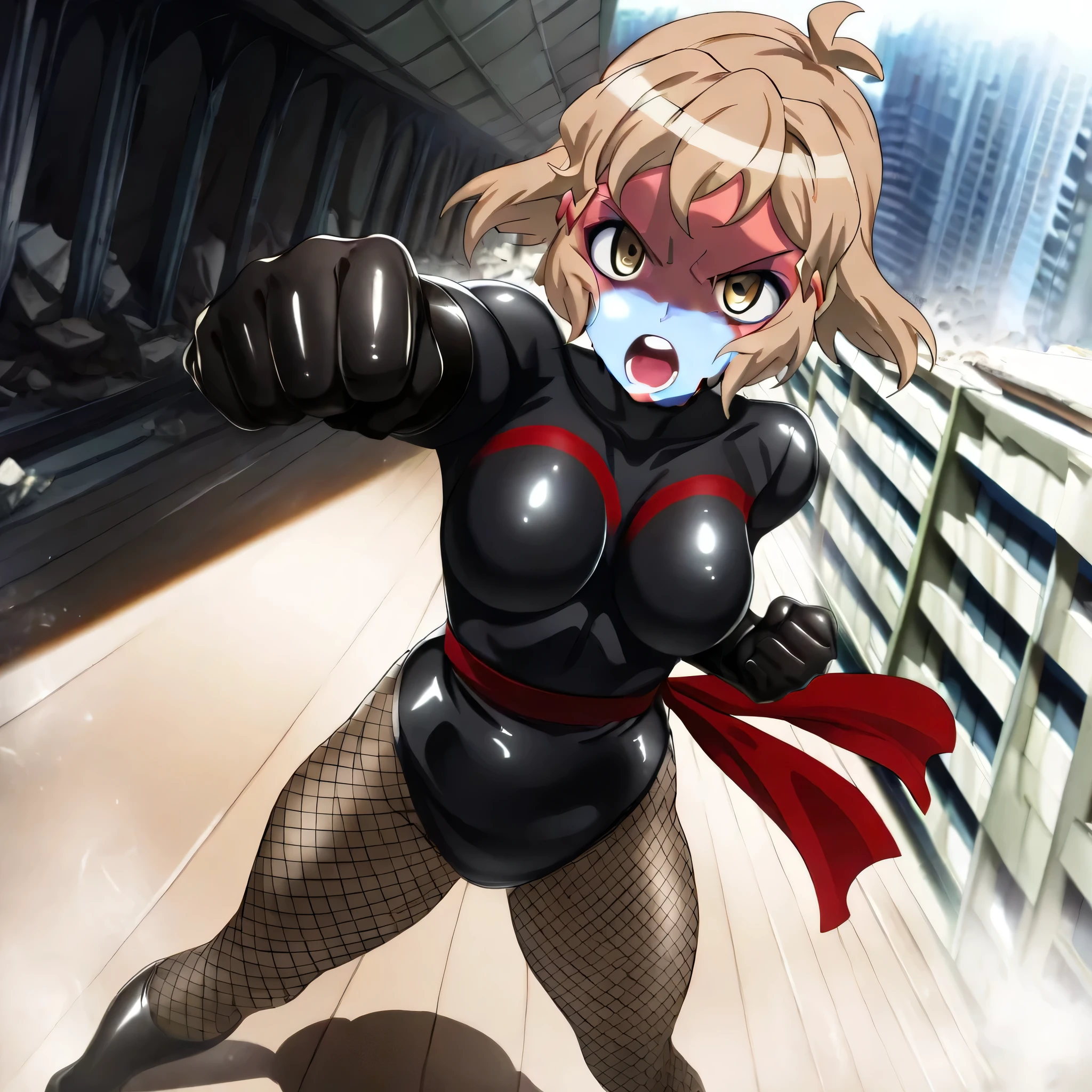 dark persona, shocker, black leotard, (((blue skin))), colored skin, makeup, tachibanahibiki, short hair, hairclip, brown hair, hairclip, brown eyes, SymphoBikkie, serious, confident, proudly, determined, fluffy hair, angry, open mouth, 