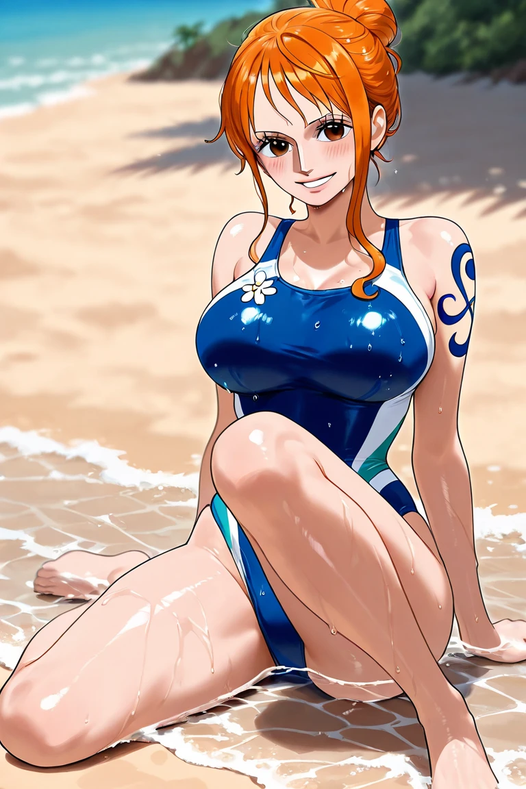（（（masterpiece、Highest image quality、highest quality、highly detailed unity 8ｋwallpaper）））、（（Illustration of one girl））、（（orange hair、side pony、orange eyes））、swimsuit、sandy beach