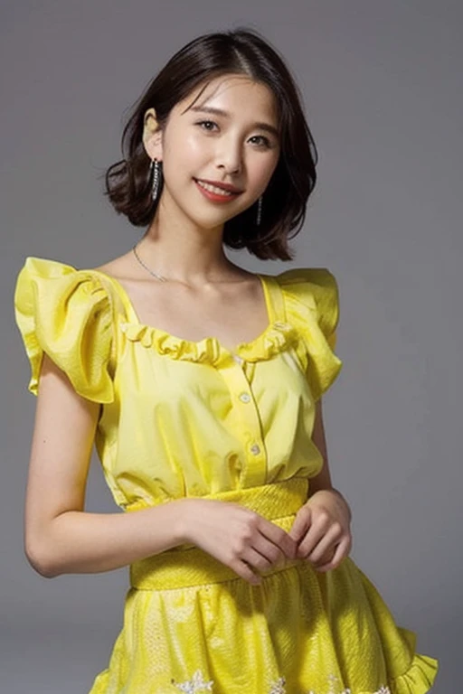 ((masutepiece,top-quality)), (photographrealistic:1.4),((masutepiece,8K))、white wall、(white room)、((full body photo))、shot in natural light、Highly detailed face and skin texture、highly detailed lips、correct state of the human body、Super high resolution、(Photoreal:1.4)、top quality, 1 beautiful woman, 28 years old, s, 150mm lens、Light yellow Knit、(Dark brown medium shorthair)、Japanese woman、(dark brown hair)、Versatile poses、looking at the camera、Natural color lip、Winter clothes、 necklace、indoor