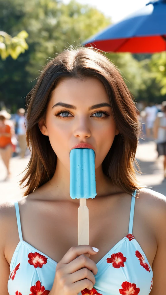 1girl, Professional photoset, icecream ad,  girl of 24 yo eating ice cream,  ice cream, , small , dripping at her , bright pink top, bright color , suntan, studio shot, bright blue gradient color background, mango and coconats flying around, bokeh, studio background, pro studio shot, ultrarealistic, 8k, super quality, cinematic lighting, sunny weather, premium SLR camera photo,Ice_Cream_Soft_Serve