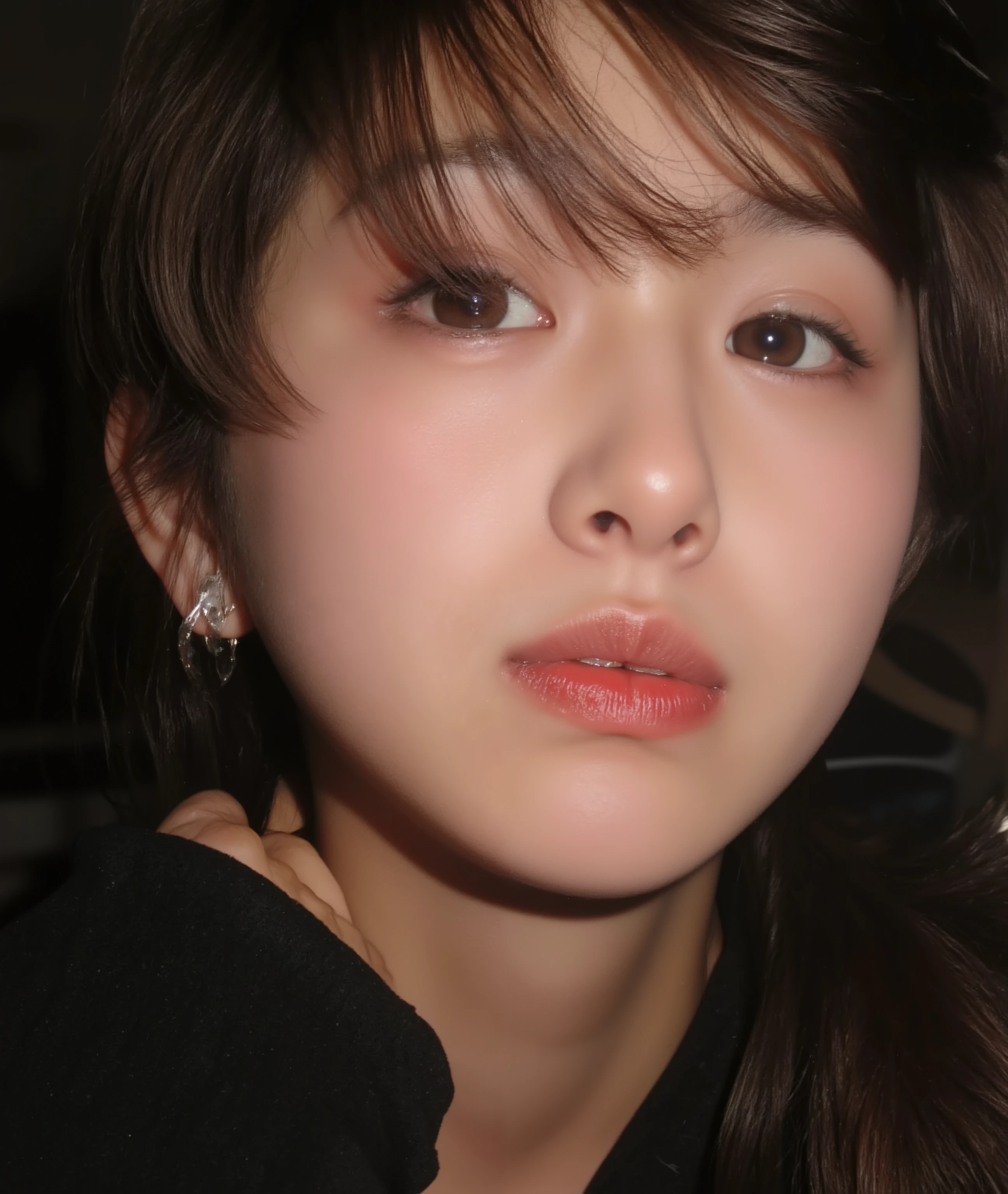 The image is a close-up photograph of a young Asian woman with a fair complexion. Her face dominates the frame, occupying the majority of the image, with her eyes, nose, and lips prominently visible. She has large, almond-shaped eyes with long, thick eyelashes, and her skin is smooth and soft. Her lips are full and slightly parted, revealing a natural, rosy hue. She wears a small silver stud earring in her left ear, adding a subtle touch of personal style.
Her hair is long, dark brown with subtle highlights, and it partially covers her forehead, giving a slightly tousled, casual look. The background is out of focus, but it appears to be a dark, possibly indoor setting, which emphasizes her face and provides a stark contrast to her light complexion. She is wearing a black garment, possibly a top or a sleeve, which is visible at the bottom of the image. The overall mood of the photograph is intimate and personal, capturing a candid moment with a natural, unfiltered aesthetic.