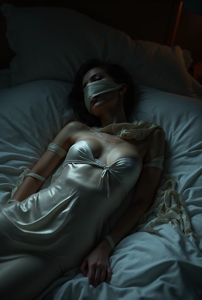 1girl,Spider weaves a net on a girl, very realistic, very detailed,bed,stretched, dark cave, struggle in the net,brown haired, very long sheer skirt,lying down,(blindfold:1.4)