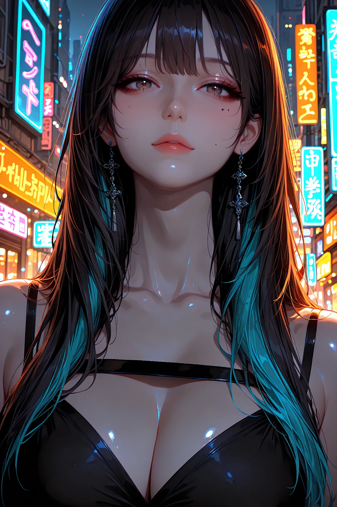 score_9, score_8_up, score_7_up, score_6_up, rating_questionable, 1girl
very long hair, black hair, aqua streaked hair, small breasts, slim, piercings, , full arm tattoo, small round ass, beautiful lips,  dynamic pose, aesthetic, perspective, solo, detailed, sensual look, outdoor, neon lights, wearing black pencil dress, nipple peek, deep cleavage, face closeup, parted lips