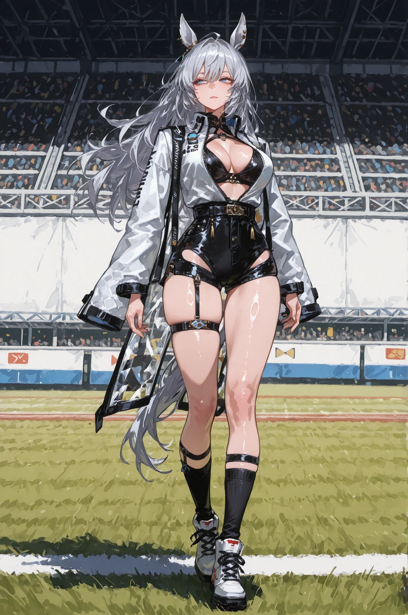 lawnの上、racecourse、緑のlawn、新緑のlawn、、Yee Xuan、collapse Starrail、Racecourse、Uma Musume、horse ear、Jirio Mahonoko、 A sophisticated eye 、Full Body、GBF_style、748cm style、32K、Semi Realistic、  super detailed description on the front 、art work、Original Work、 Detailed Color、 detailed eyes、 detailed face 、Detailed Eyes、detailed eyes、Exquisite eyes, The best傑作、professional job、Beautiful , Lots of Piercings, pop art, shiny skin, realistic skin, The best, long hair, blue eyes,    cool look, narrowed her eyes, viewers, Silver Hair、lawn、Racecourse、Turf、Race Course 、dynamic pose 、緑のlawn,Racecourse、lawn、Black Knee Socks、緑のlawn、black hotpants、black hotpants、black tights、lawnの上、frustrated、Three-quarter sleeves、3/4 sleeve long coat、white coat、garter belt、Yee Xuan、open  clothes