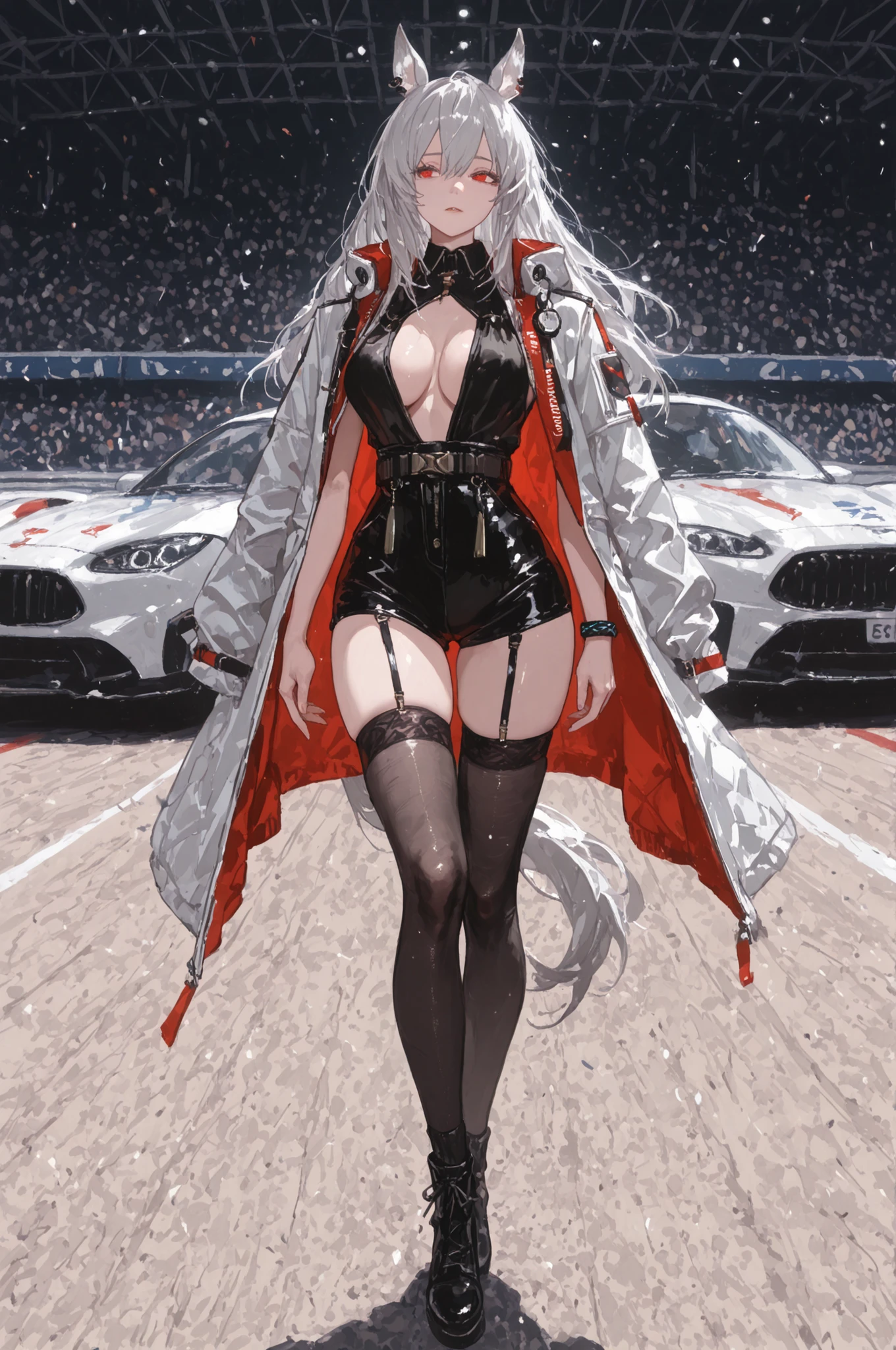 lawn、Racecourse、緑のlawnの上、新緑のlawn、Yee Xuan、collapse Starrail、Racecourse、Uma Musume、horse ear、Jirio Mahonoko、 A sophisticated eye 、Full Body、GBF_style、748cm style、32K、Semi Realistic、  super detailed description on the front 、art work、Original Work、 Detailed Color、 detailed eyes、 detailed face 、Detailed Eyes、detailed eyes、Exquisite eyes, The best傑作、professional job、Beautiful , Lots of Piercings, pop art,, realistic skin, The best, long hair,Red Eye,    cool look, narrowed her eyes, viewers, Silver Hair、lawn、Racecourse、Turf、Race Course 、dynamic pose 、緑のlawn,Racecourse、lawn、Black Knee Socks、緑のlawn、black hotpants、black hotpants、black tights、lawnの上、frustrated、garter belt、schwarz(Arknights)、Red and white coat 、white two-tone coat、open  clothes