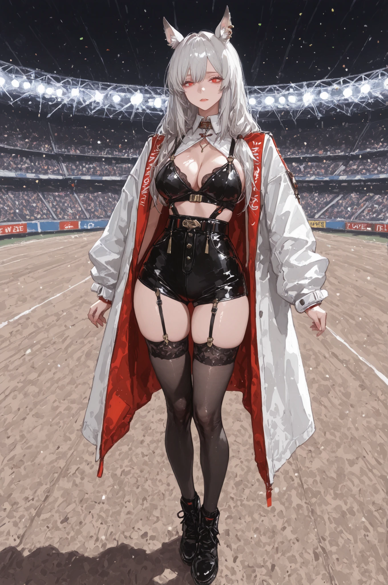 lawn、Racecourse、緑のlawnの上、新緑のlawn、Yee Xuan、collapse Starrail、Racecourse、Uma Musume、horse ear、Jirio Mahonoko、 A sophisticated eye 、Full Body、GBF_style、748cm style、32K、Semi Realistic、  super detailed description on the front 、art work、Original Work、 Detailed Color、 detailed eyes、 detailed face 、Detailed Eyes、detailed eyes、Exquisite eyes, The best傑作、professional job、Beautiful , Lots of Piercings, pop art,, realistic skin, The best, long hair,Red Eye,    cool look, narrowed her eyes, viewers, Silver Hair、lawn、Racecourse、Turf、Race Course 、dynamic pose 、緑のlawn,Racecourse、lawn、Black Knee Socks、緑のlawn、black hotpants、black hotpants、black tights、lawnの上、frustrated、garter belt、schwarz(Arknights)、Red and white coat 、white two-tone coat