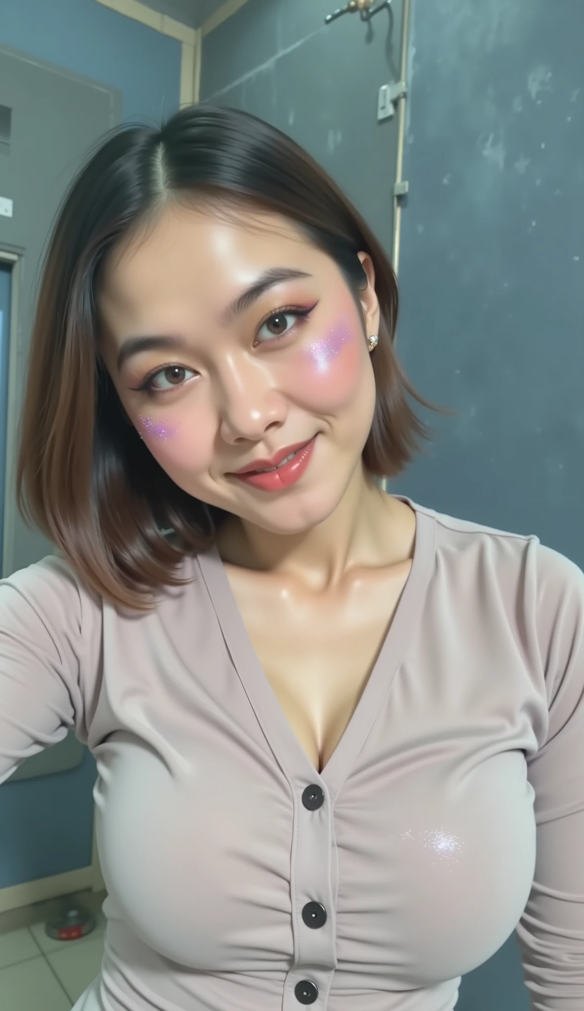 80’s glam rock makeup on shiny android face, look like asian muscle pretty idol, anime, 2.5D, Glittery face, moody lighting, (purples, pinks, and blues), iridescent face, abstract ai model, pretty, sexy, minimal, sleek, slender, asian, elegant, chic, futuristic, retro, sophisticated half human half machine, close up face portrait, mouth open little, ((((ahegao)))),,