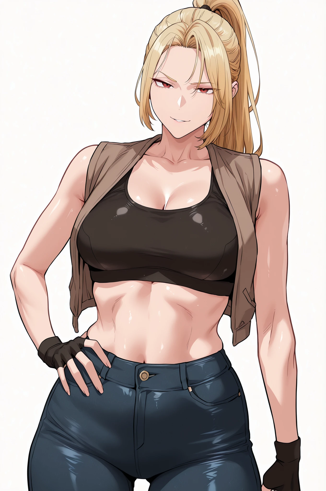 (masterpiece, very aesthetic, absurdres, expressive, perfect face, cartoon style, solo,)
(white background:0.9),
(sexy milf with long blonde ponytail, red eyes and medium breasts:1.0), (sexy blonde milf wearing black sports bra, brown vest, tight jeans, black fingerless gloves, serious face, long blonde ponytail, cold expression, frowned,, arched eyebrow, arrogant look, cold smirk, hand on own waist, swaying hips:1.1),