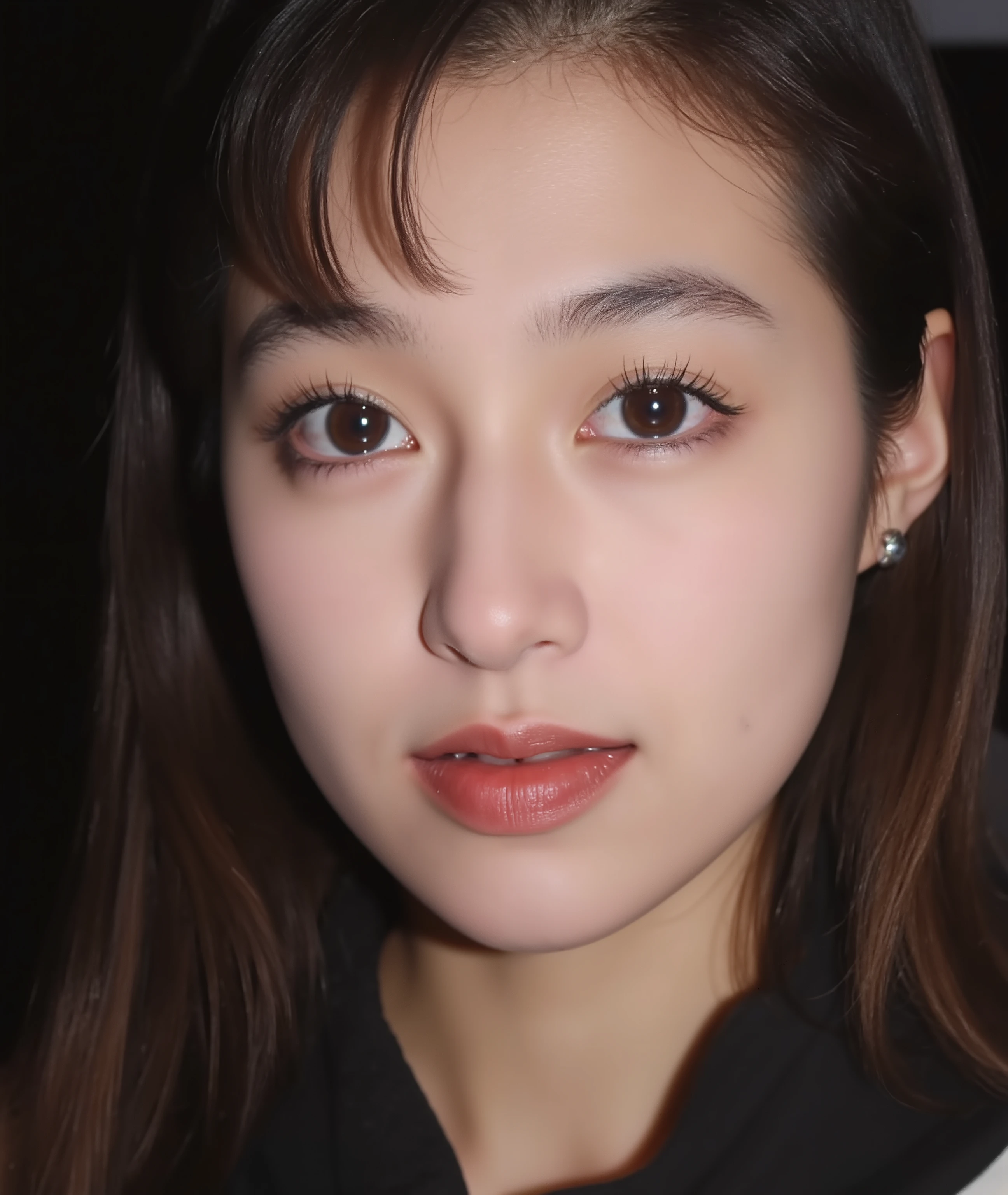 The image is a close-up photograph of a young Asian woman with a fair complexion. Her face dominates the frame, occupying the majority of the image, with her eyes, nose, and lips prominently visible. She has large, almond-shaped eyes with long, thick eyelashes, and her skin is smooth and soft. Her lips are full and slightly parted, revealing a natural, rosy hue. She wears a small silver stud earring in her left ear, adding a subtle touch of personal style.
Her hair is long, dark brown with subtle highlights, and it partially covers her forehead, giving a slightly tousled, casual look. The background is out of focus, but it appears to be a dark, possibly indoor setting, which emphasizes her face and provides a stark contrast to her light complexion. She is wearing a black garment, possibly a top or a sleeve, which is visible at the bottom of the image. The overall mood of the photograph is intimate and personal, capturing a candid moment with a natural, unfiltered aesthetic.