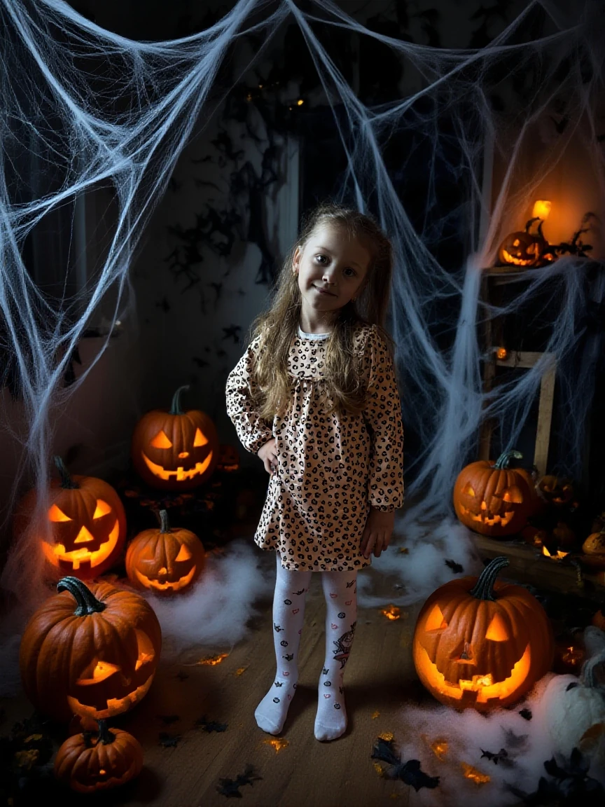 a little girl of six years old and a woman with brown hair in short black dresses and black shoes are sitting on glowing pumpkins, there are many glowing pumpkins around, moonlit night, darkness, fog, Halloween