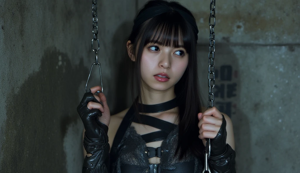  full body,  Perfect , Highly detailed backgrounmous actress of Japan:1.2), (gals:1.3), (flat chest), Brown race, Dark skin, Red collar, Chain attached to the collar,  arousing, Open mouth, , , , (, srestrained:1.55), (Sweat:1.2), Dark room,
